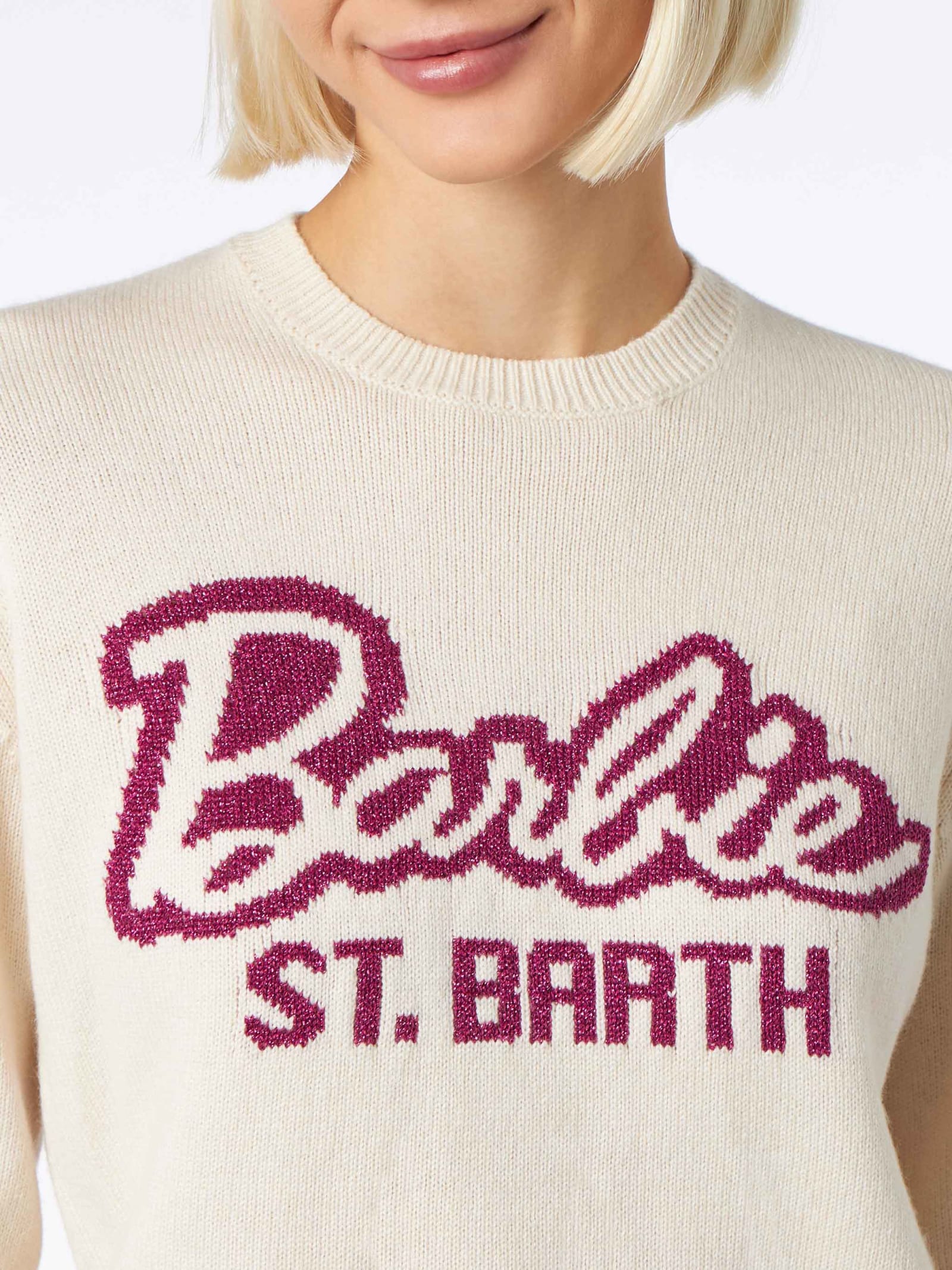 Shop Mc2 Saint Barth Woman Crewneck White Sweater With Barbie Print Barbie Special Edition