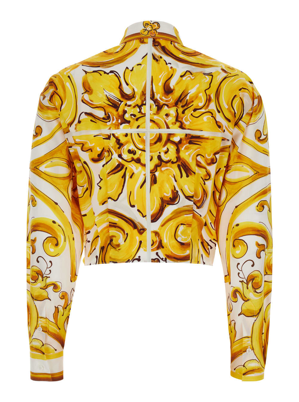 Shop Dolce & Gabbana Yellow And White Crop Shirt With Majolica Print And Knot In Cotton Woman