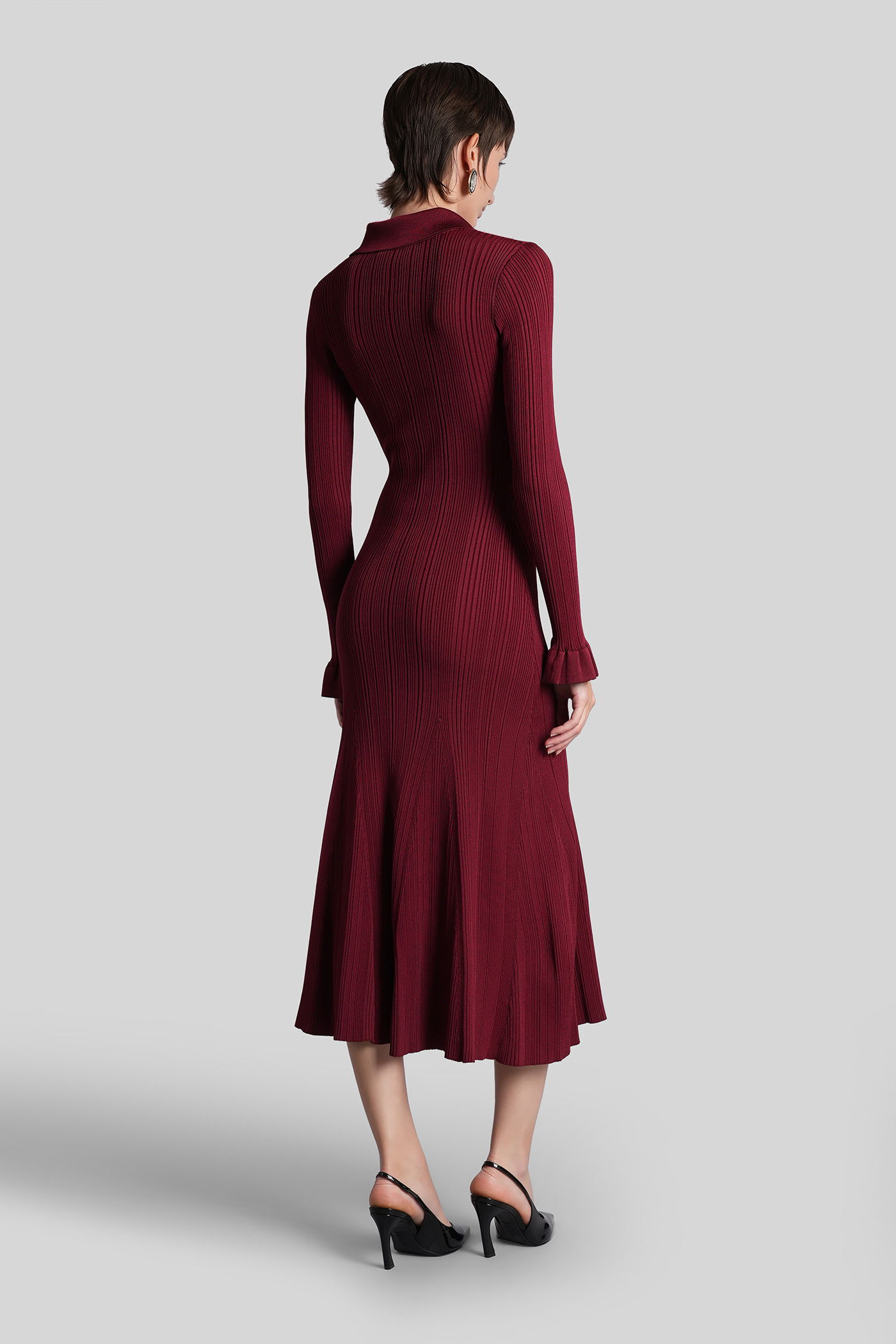 Self-portrait Knee Length Dress With Flared Cuffs And Pockets In Burgundy