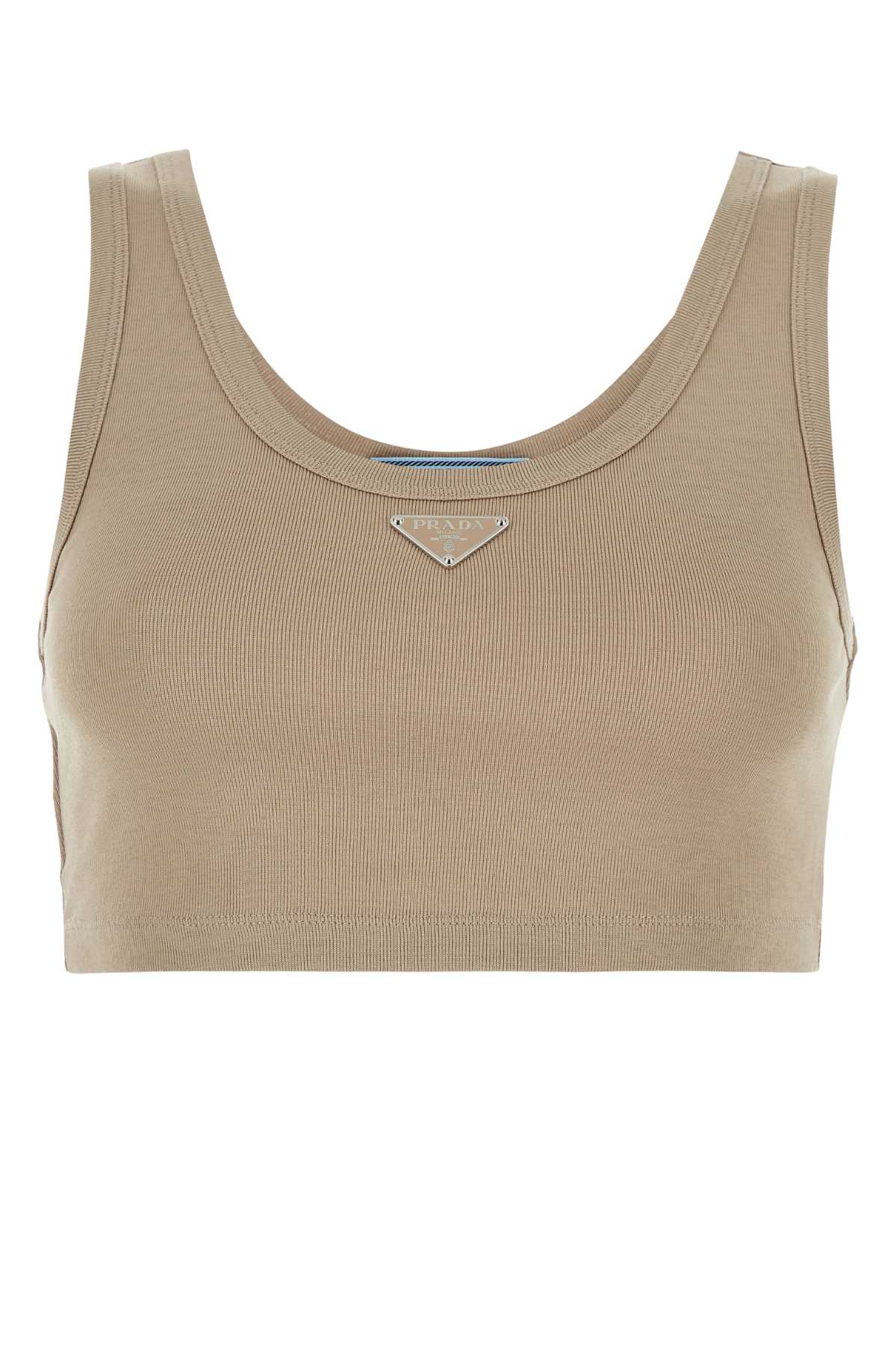 Shop Prada Cappuccino Cotton Crop-top In Kaki