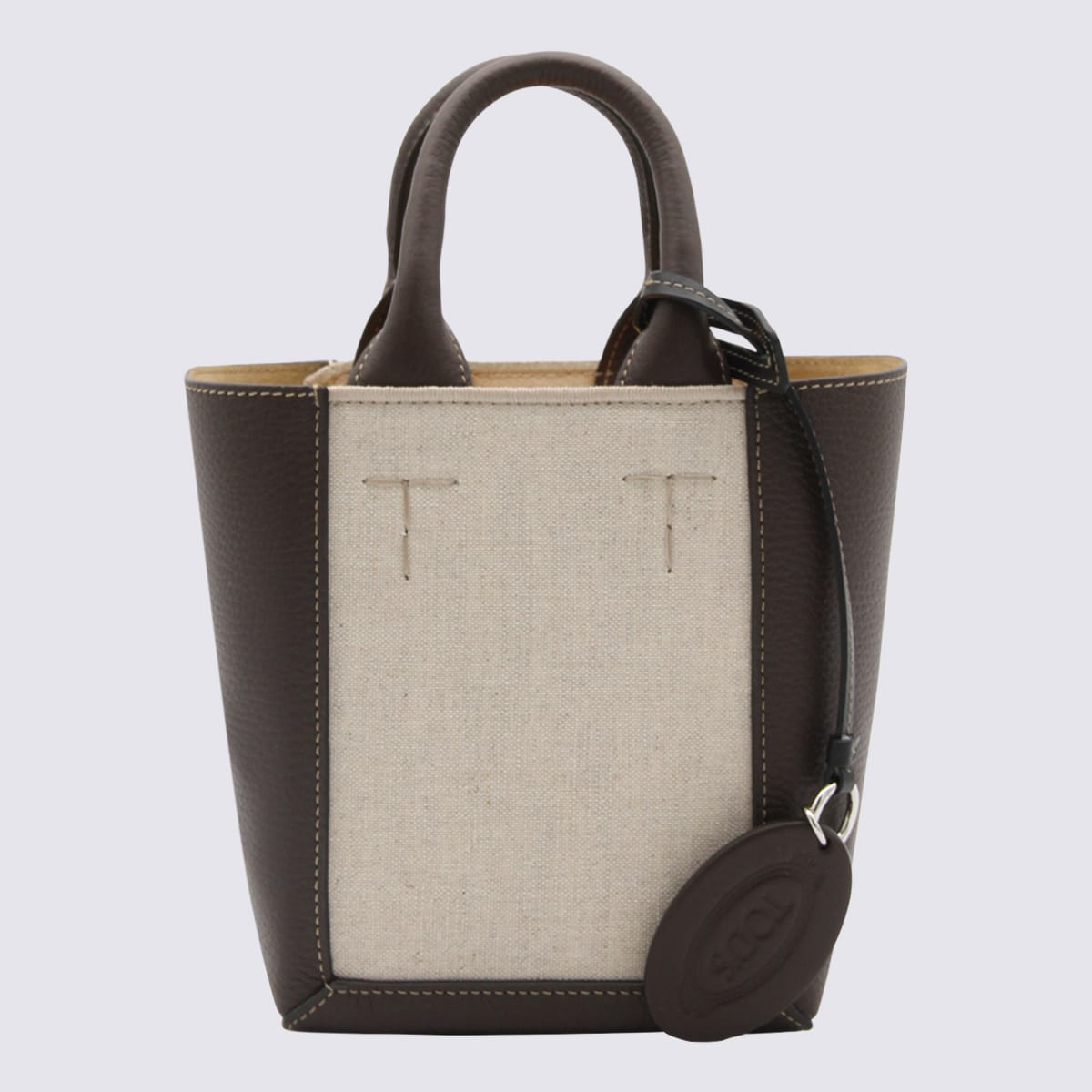 Brown And Beige Leather And Canvas Double Up Tote Bag