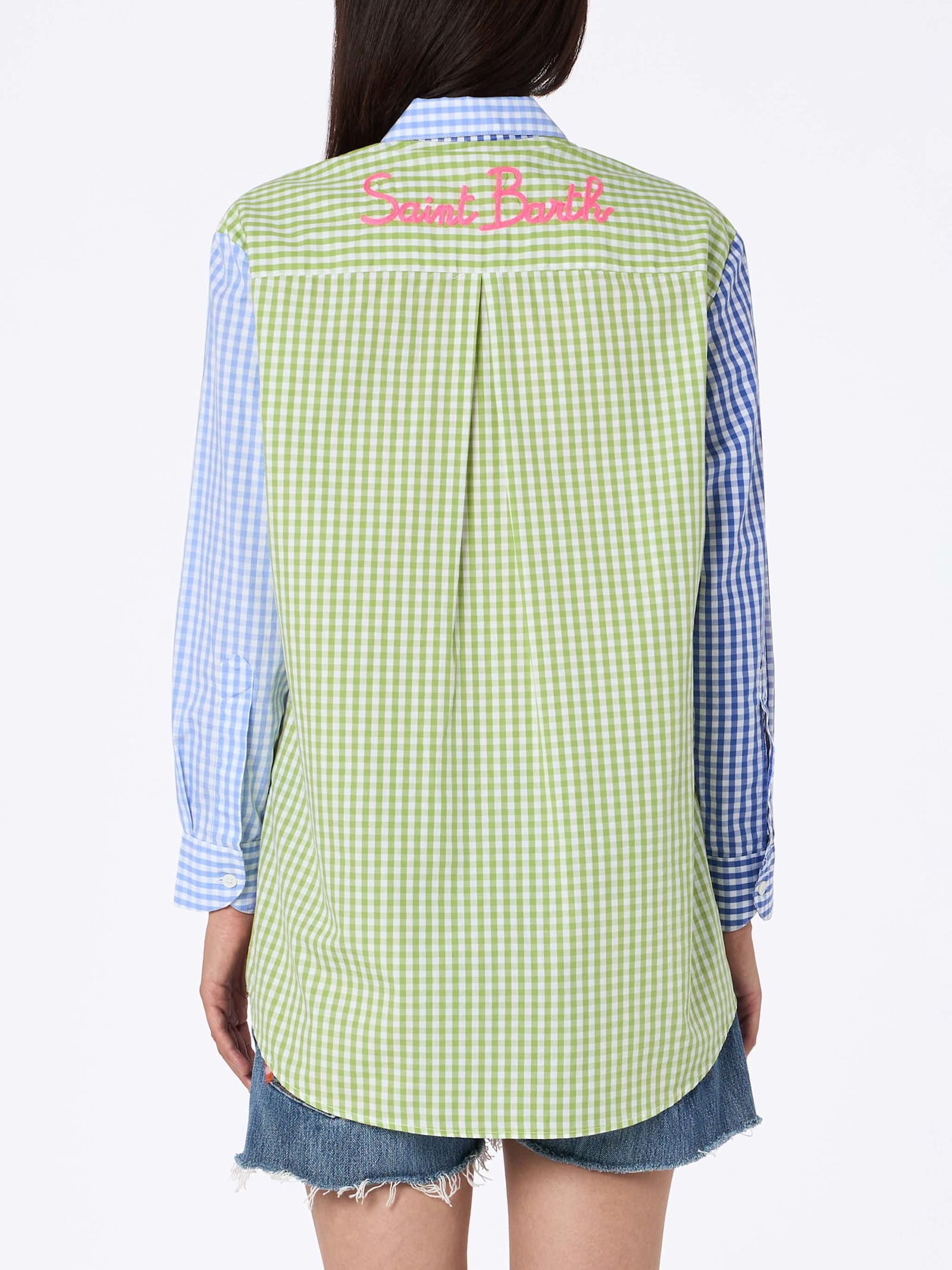Mc2 Saint Barth Woman Cotton Shirt Brigitte With Multicolor Vichy Print And Saint Barth Embroidery In Pink