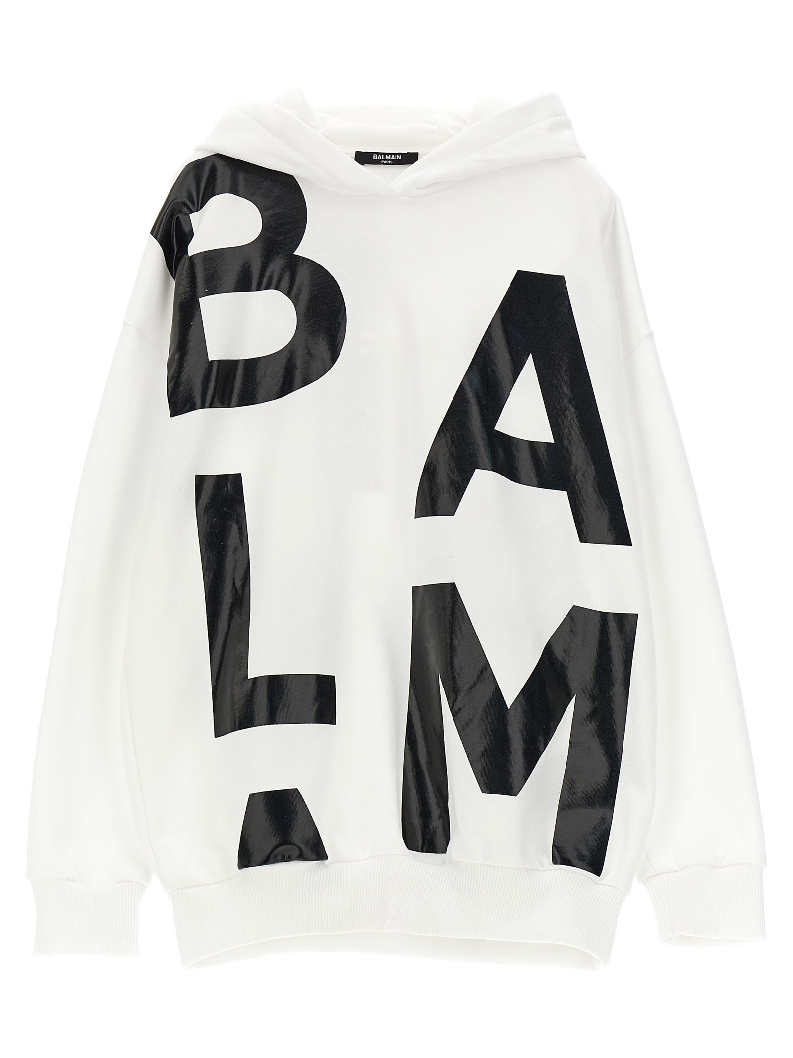 Shop Balmain Logo Print Hoodie In White/black