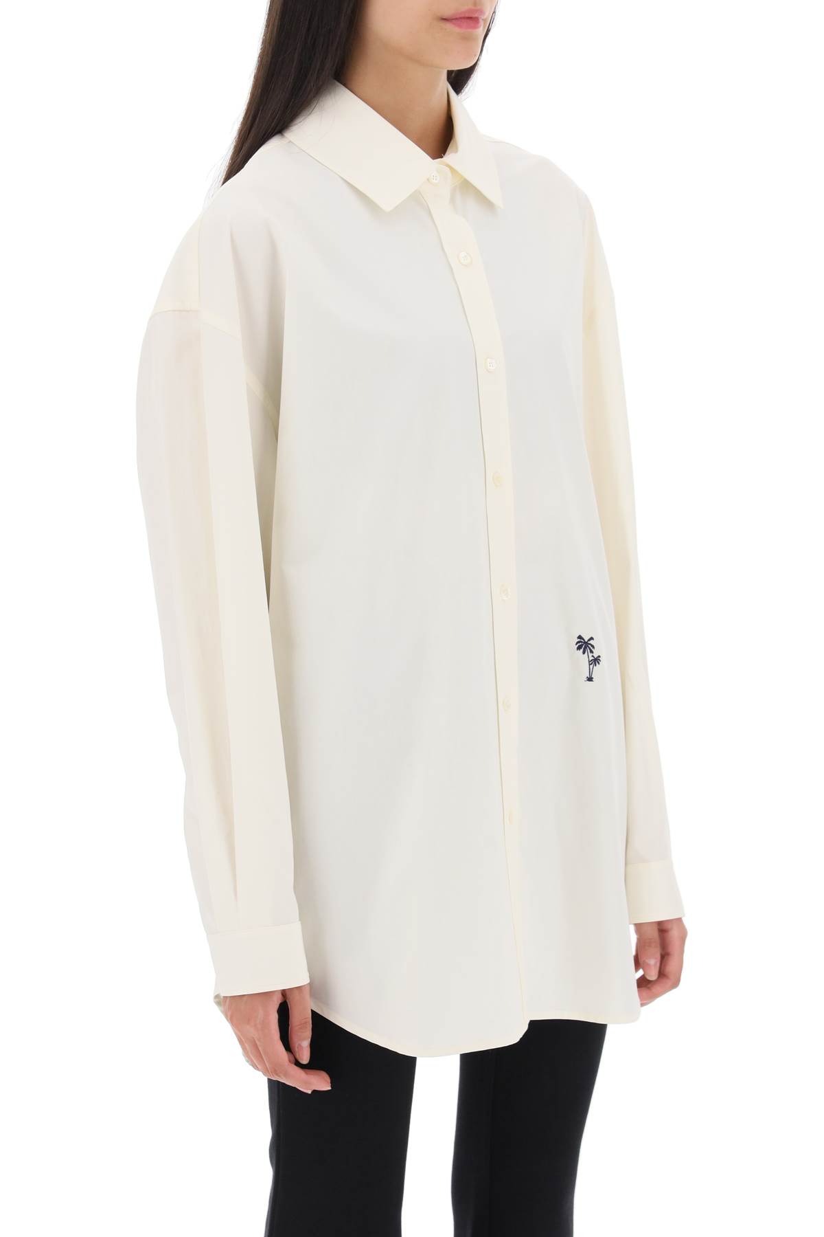 Shop Palm Angels Poplin Shirt With Palm Embroidery In Butter Black (white)