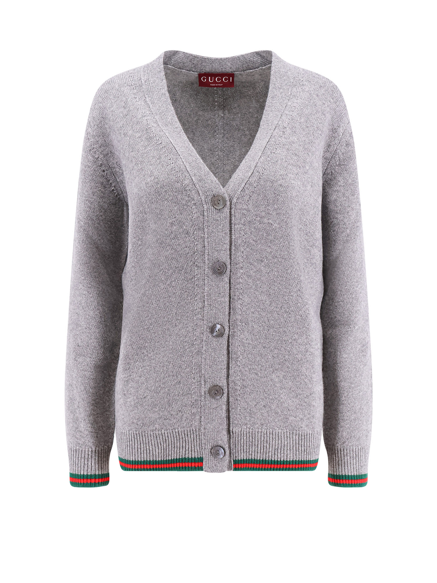 Gucci Wool And Cashmere Cardigan With Web Band In Gray