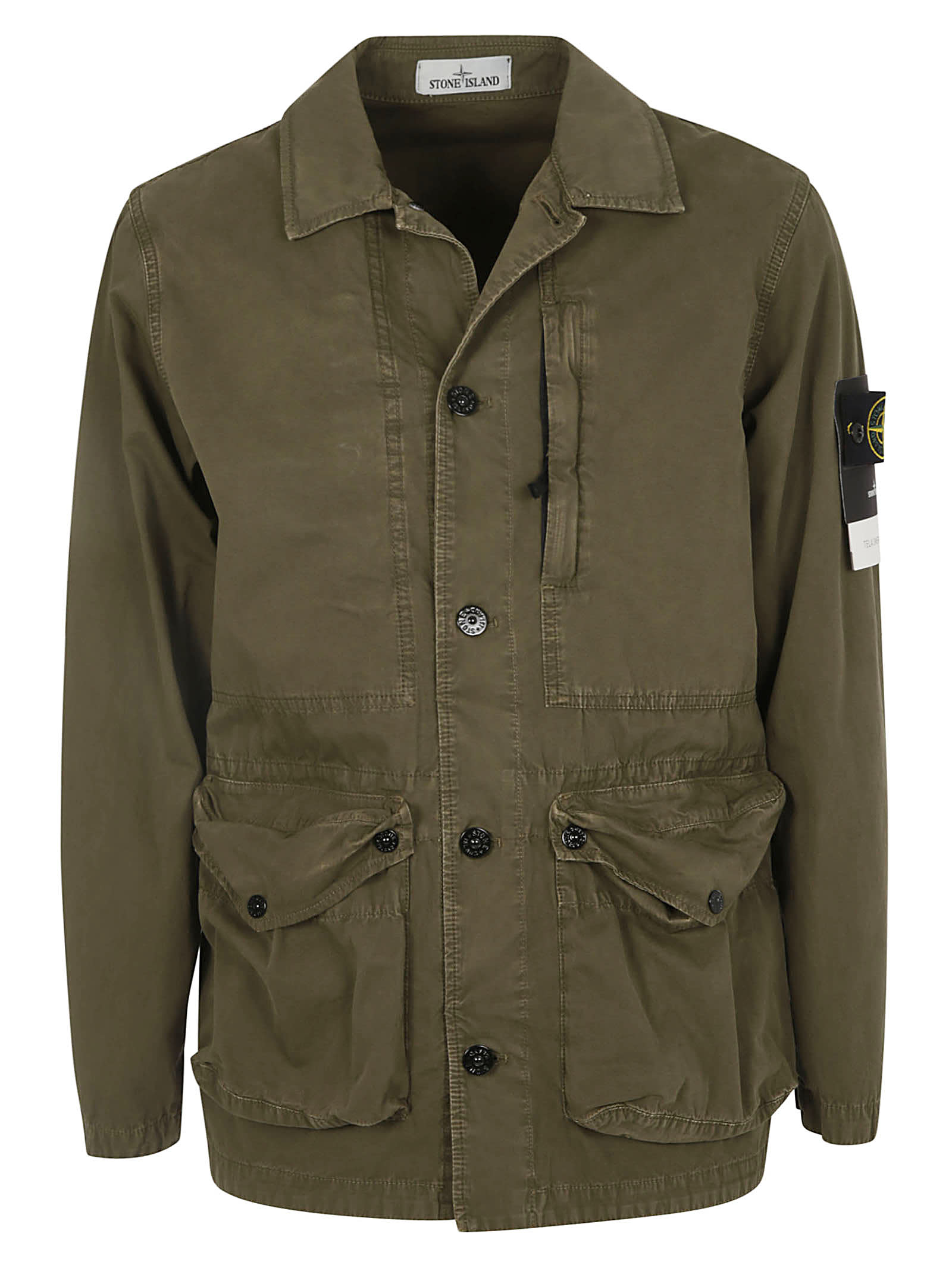 Stone Island Sleeve Logo Patch Buttoned Jacket In Olive Green