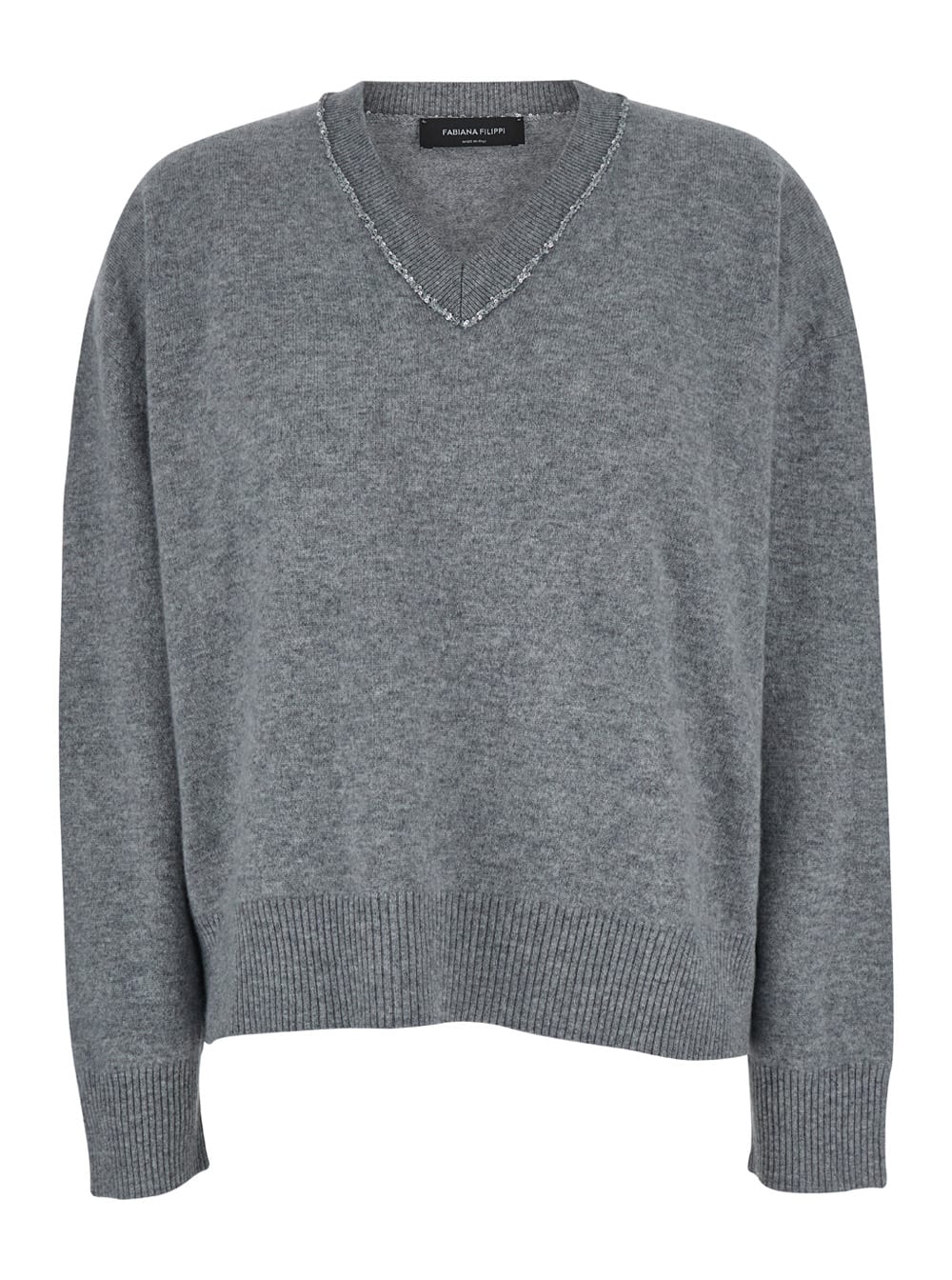 Shop Fabiana Filippi Grey Sweater With V Neck And Micro Sequins In Wool Blend Woman