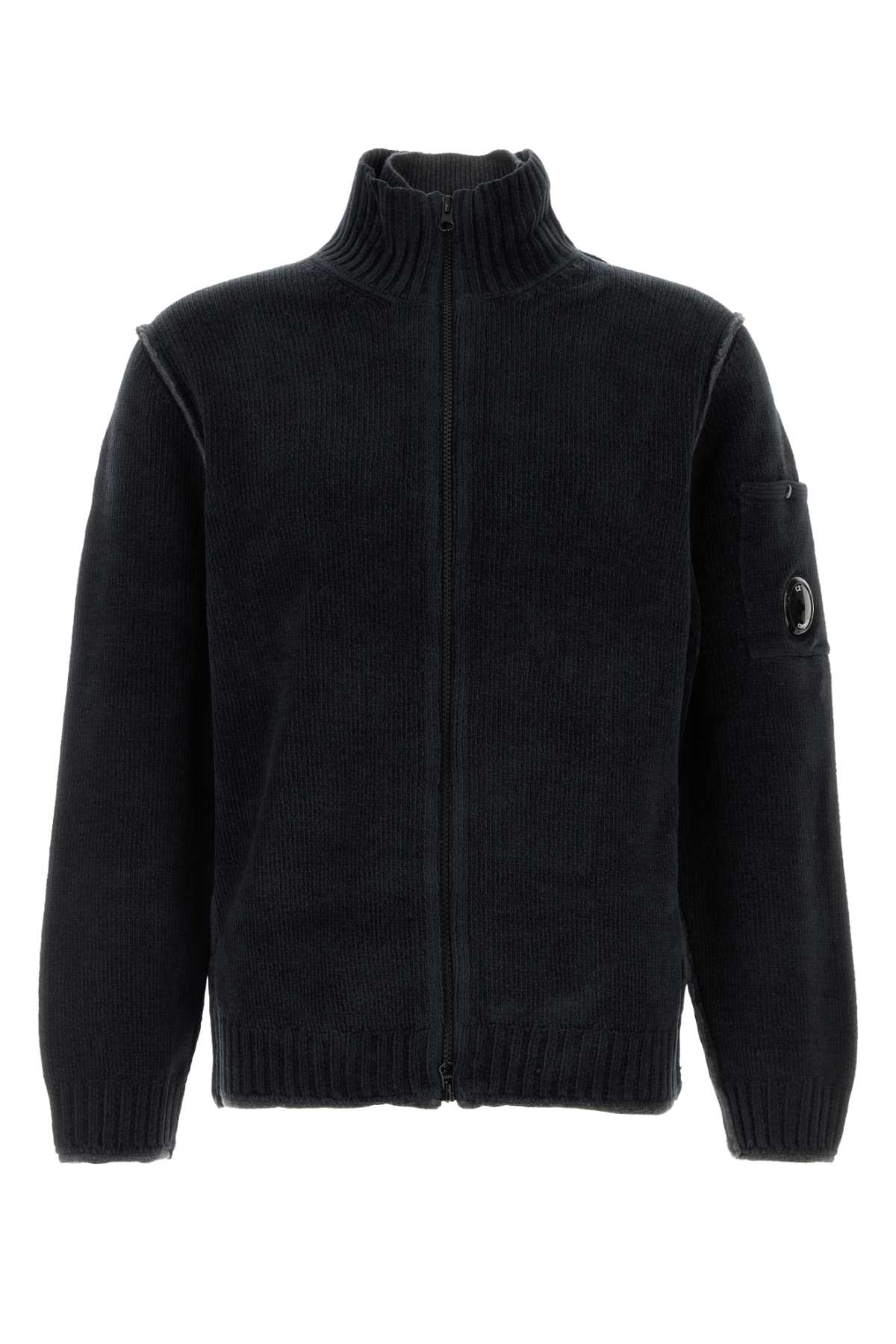 C.p. Company Navy Blue Chenille Cardigan In Blacksand