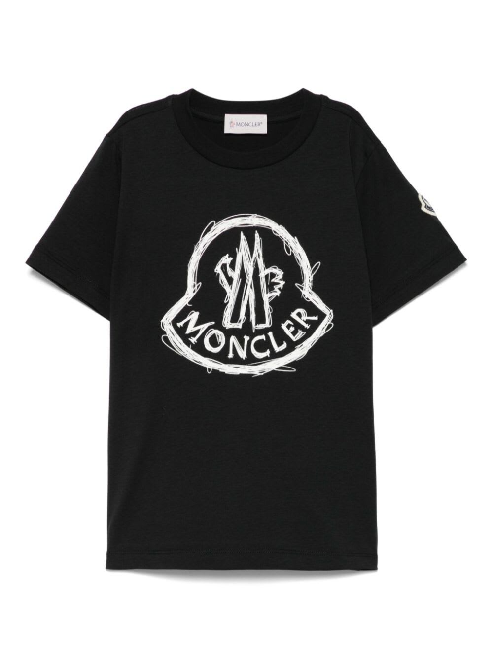 Moncler Black T-shirt With Round Neck, Logo On The Front, And Logo Patch On The Sleeve In Cotton Boy In Black