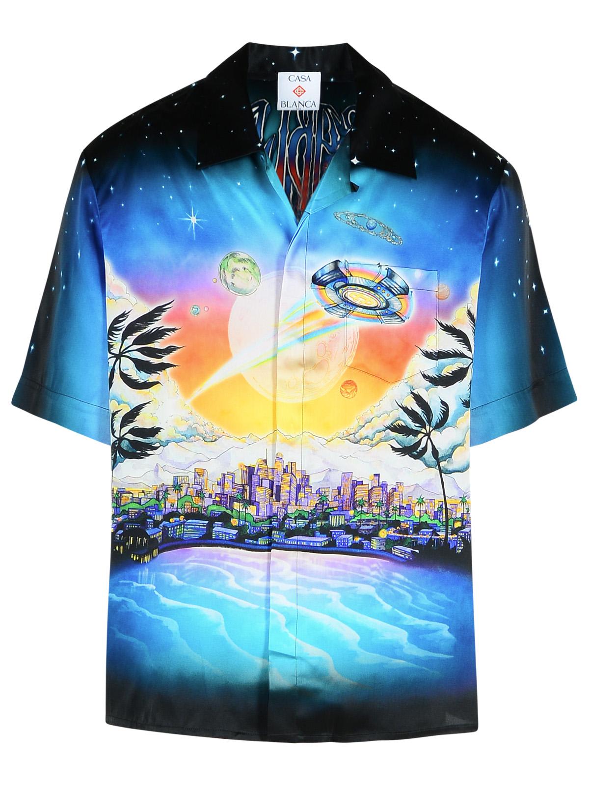 Casablanca Graphically Enhanced Silk Shirt With Cuban Collar In Blue