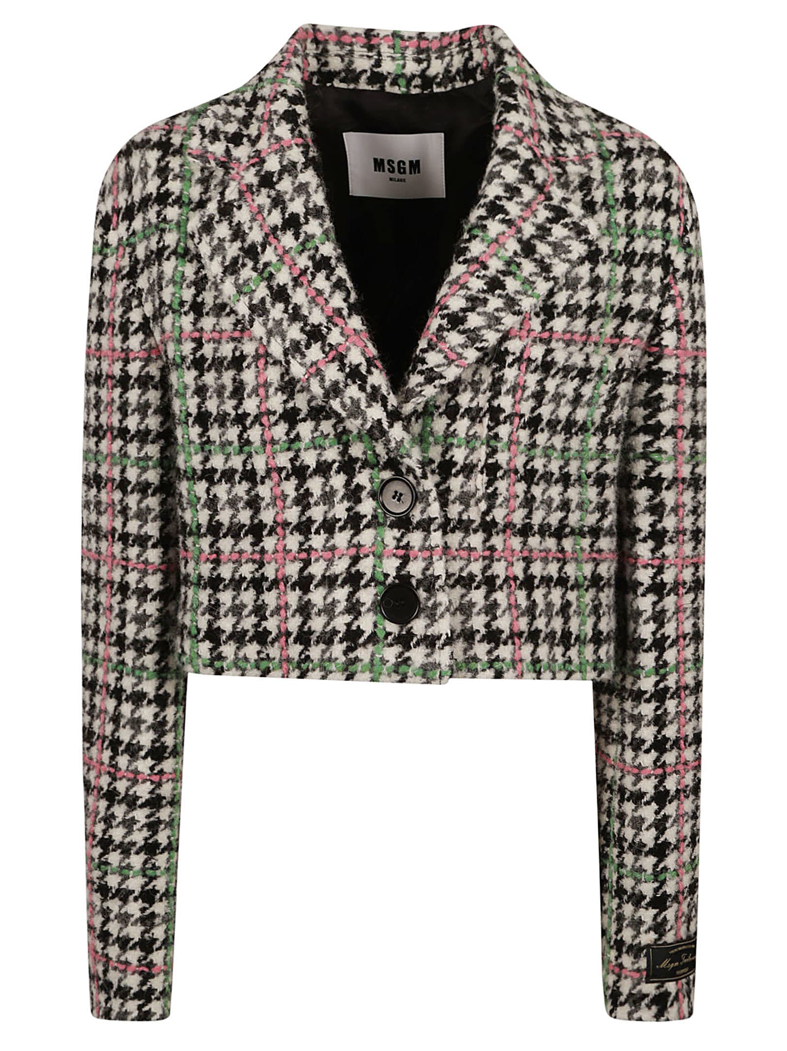 Msgm Cropped Houndstooth Single-breasted Blazer In Grey