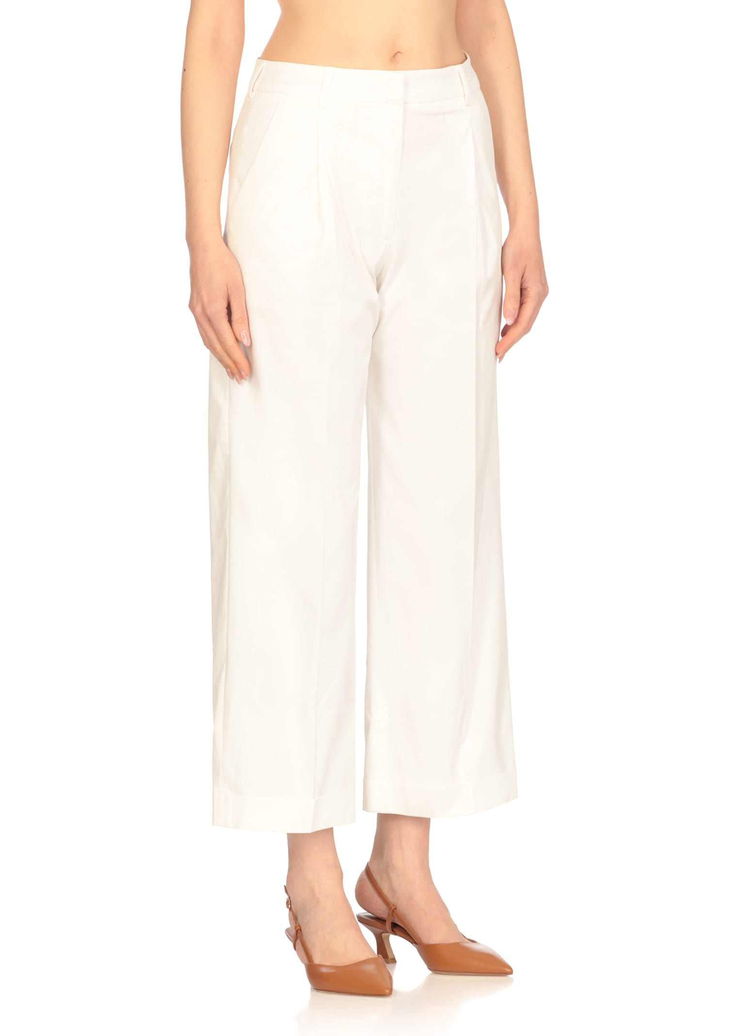 Pt Torino Cropped White Cotton Pants With Wide Leg And Turn-up Hem