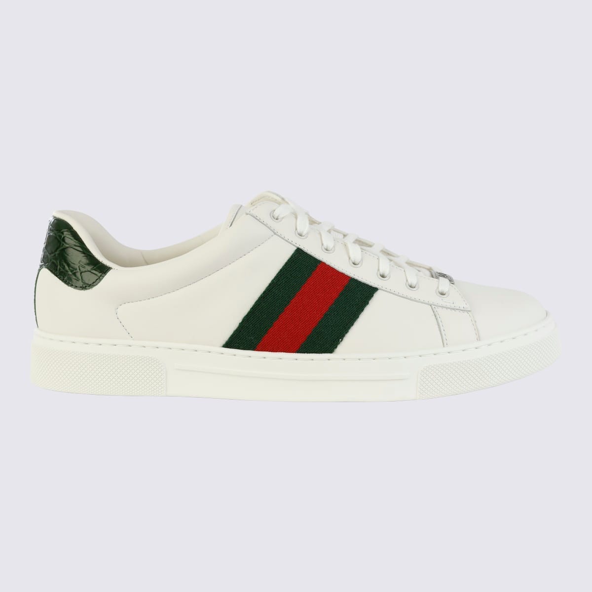 Shop Gucci White And Green Leather Sneakers