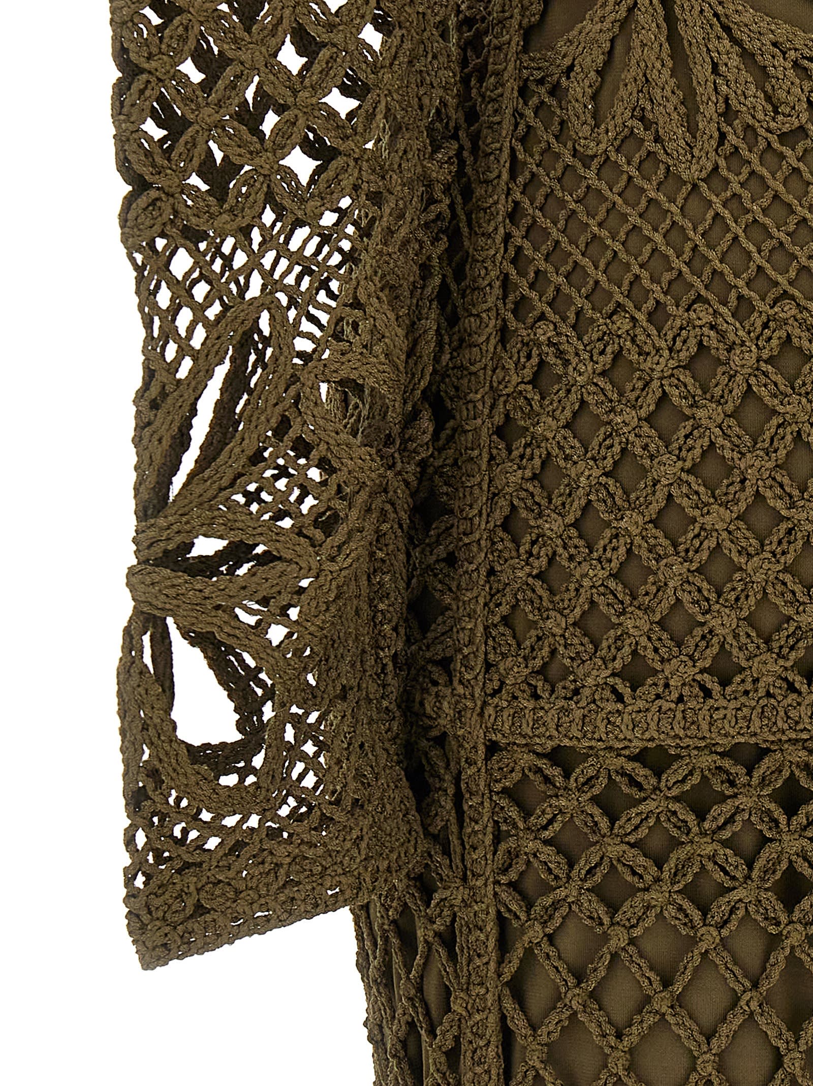 Pinko 'ortles' Green Crewneck Long Dress With Fishnet Design And All-over Floral Embroidery In Green