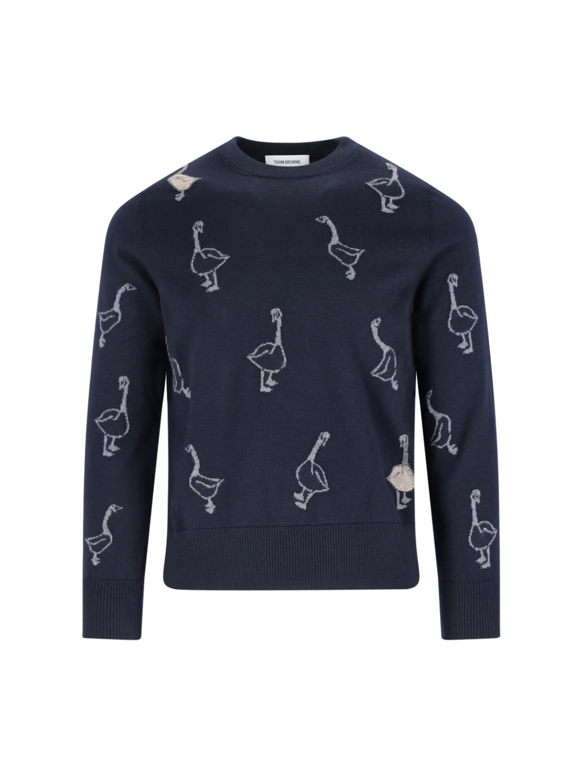 Thom Browne Goose Pattern Long Sleeve Crew Neck Sweater In Blue