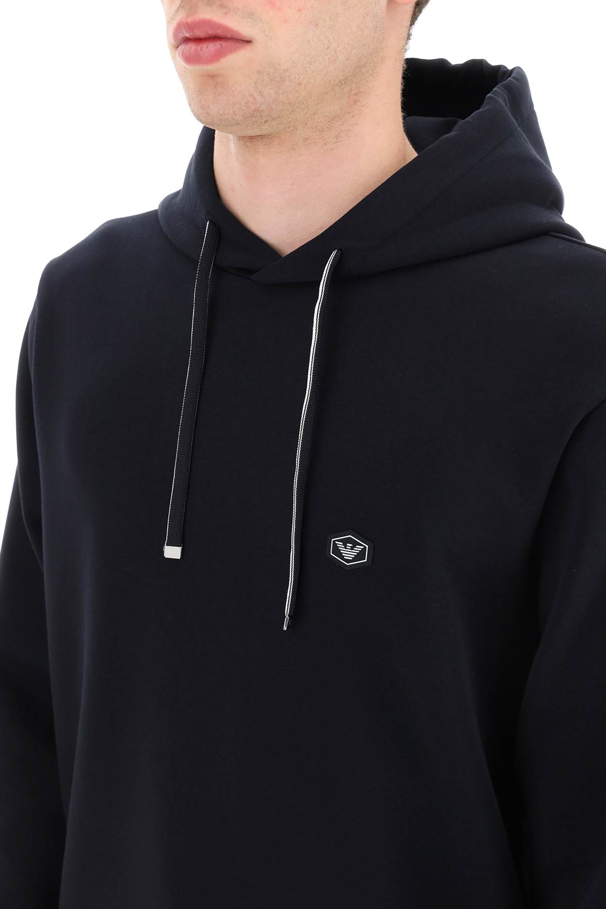 Emporio Armani Ribbed Navy Cotton Hoodie With Drawstring In Blu Navy (blue)