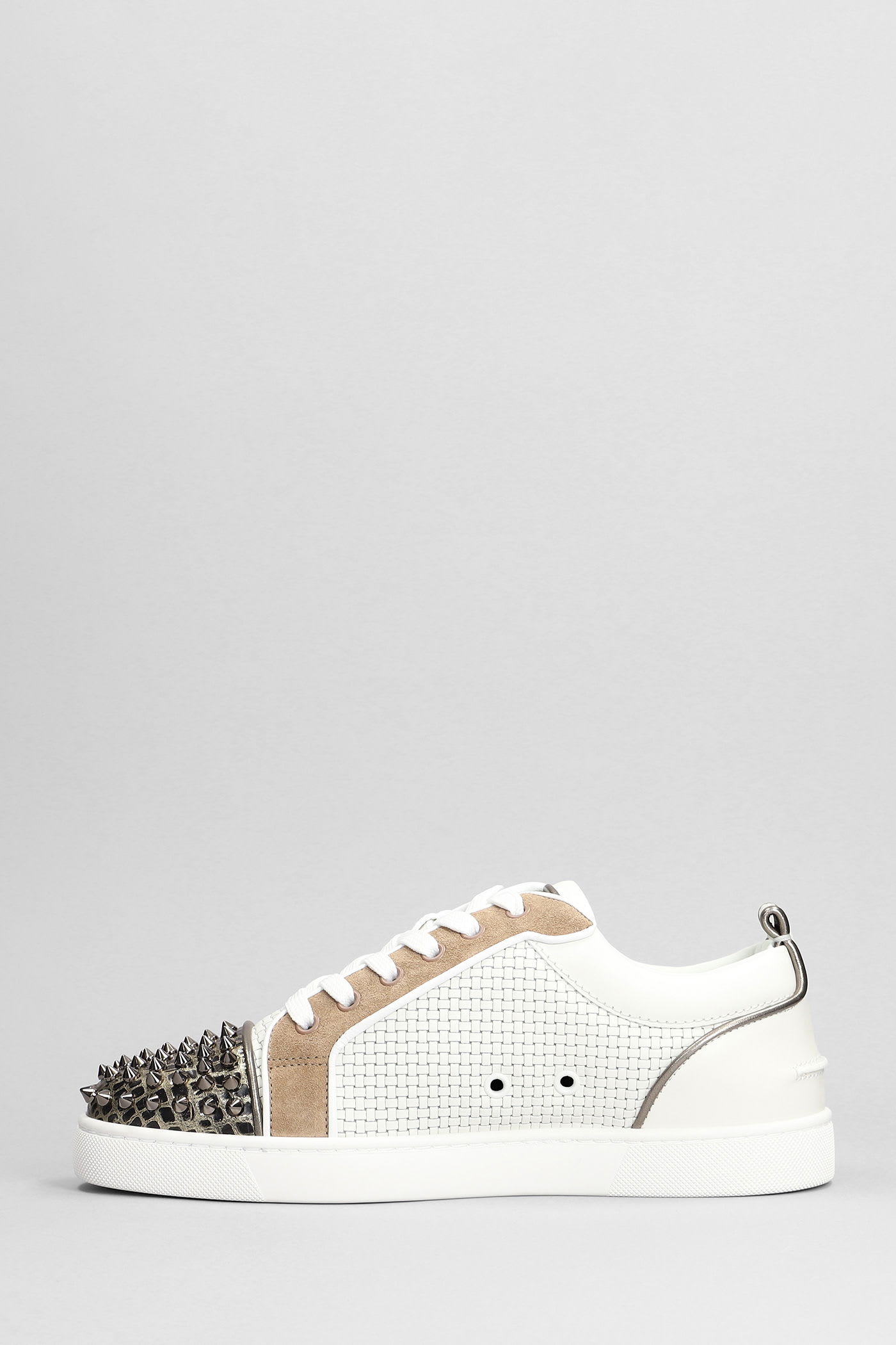 Christian Louboutin Louis Junior Spikes Sneakers In White Suede And Leather In Multi