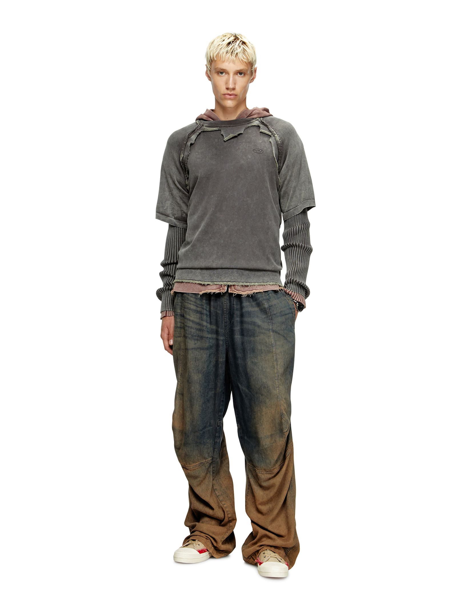Diesel Crewneck Sweater With Distressed Layered Sleeves And Raw Hem In Gray