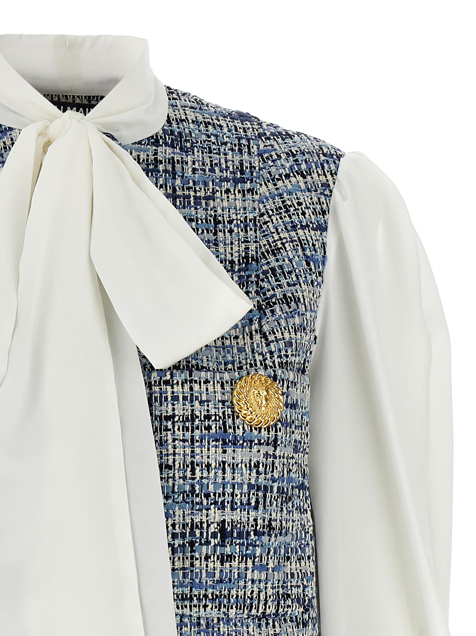 Balmain Tweed Shirt With Bow Detail And Gold Buttons In Multicolor