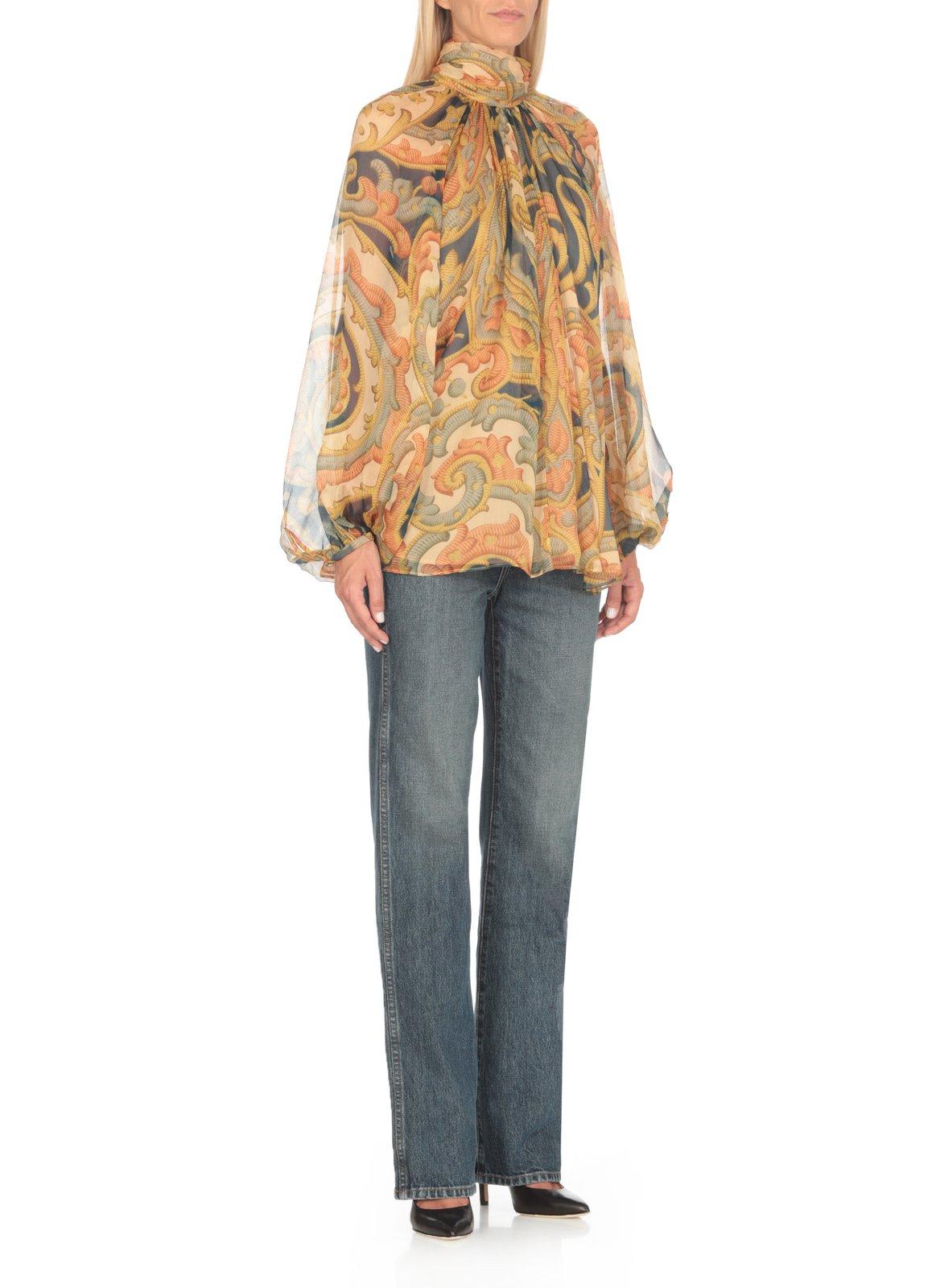 Shop Etro Floral Printed Pleated Turtleneck Top