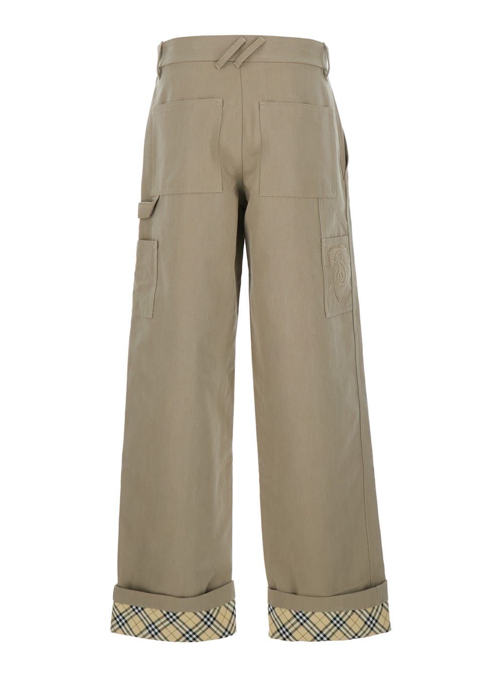 Burberry Beige Pants With Logo Embroidery On The Side And Turn-up Checked Hem In Cotton Man In Beige