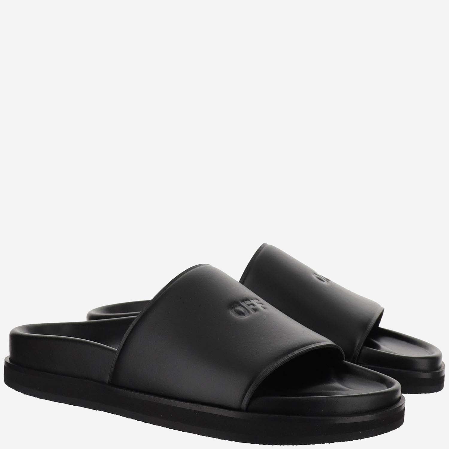 Shop Off-white Leather Slippers With Logo In Black