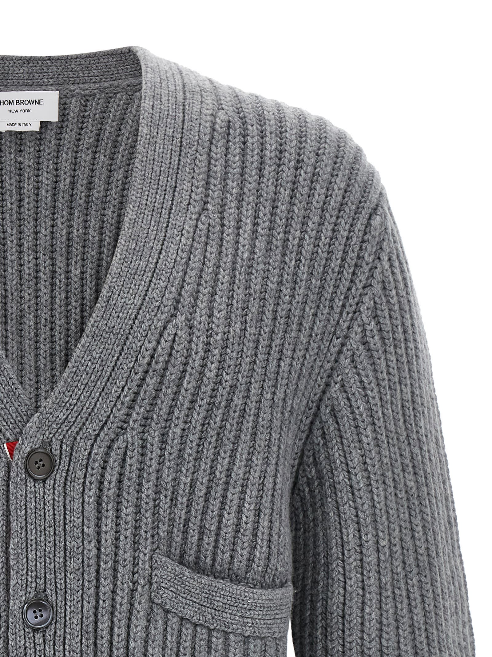 Thom Browne Striped V-neck Cardigan Front Pockets In Gray