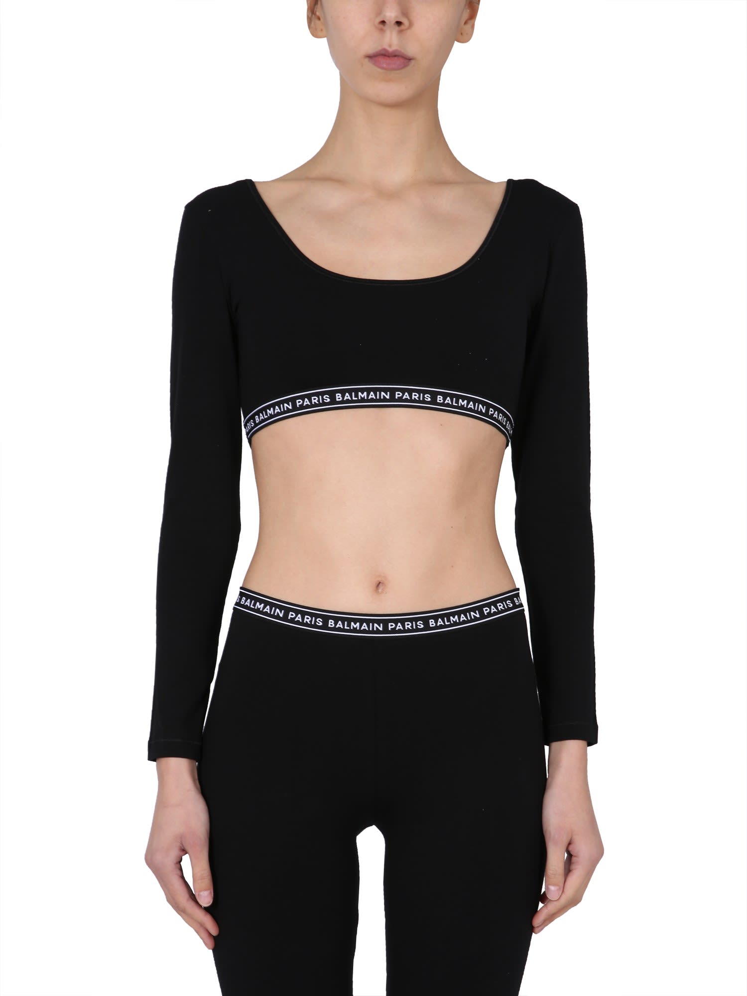 Shop Balmain Cropped Top With Logo Band In Nero