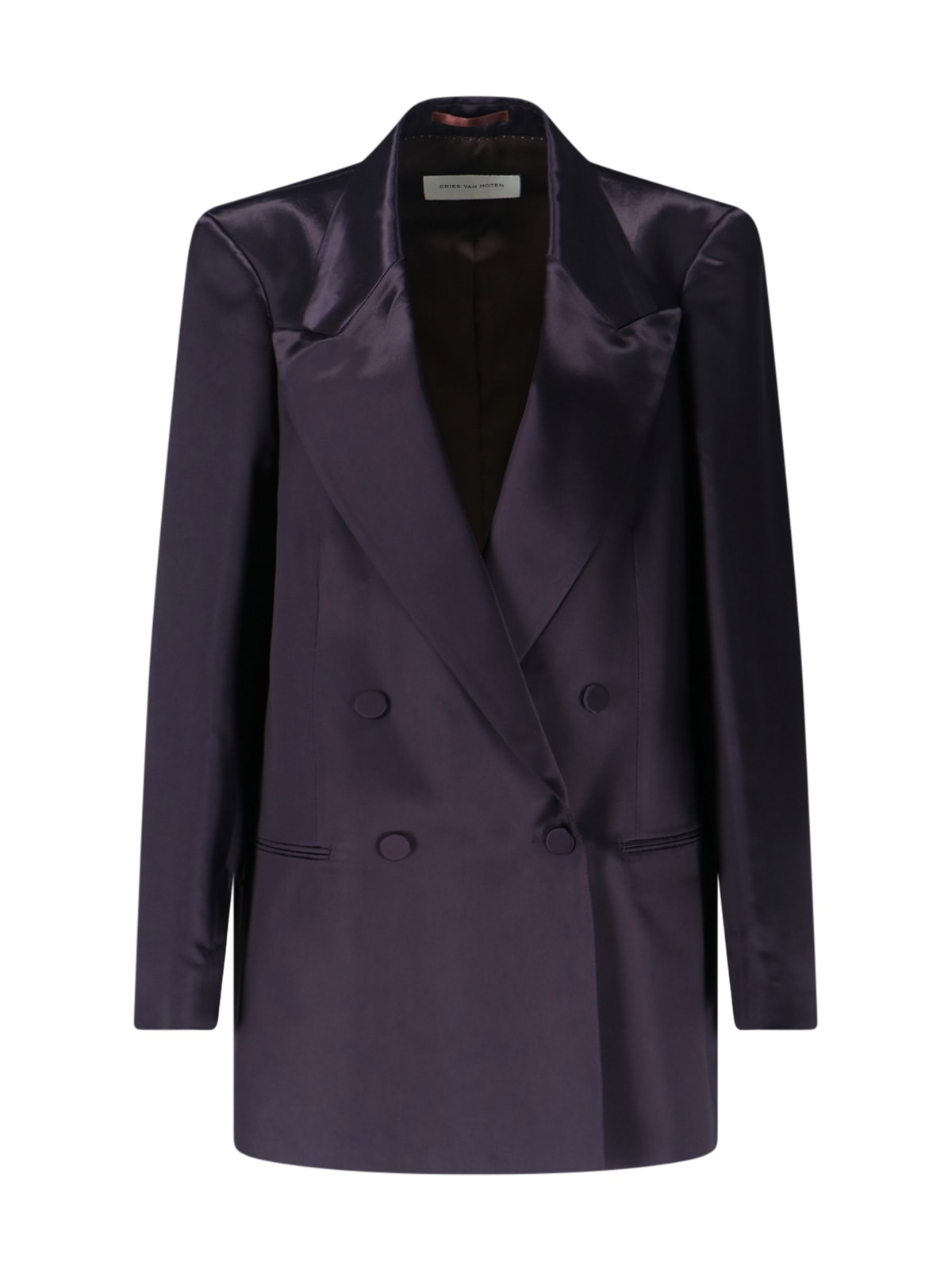 Dries Van Noten Longline Satin Blazer Notched Lapels In Blue