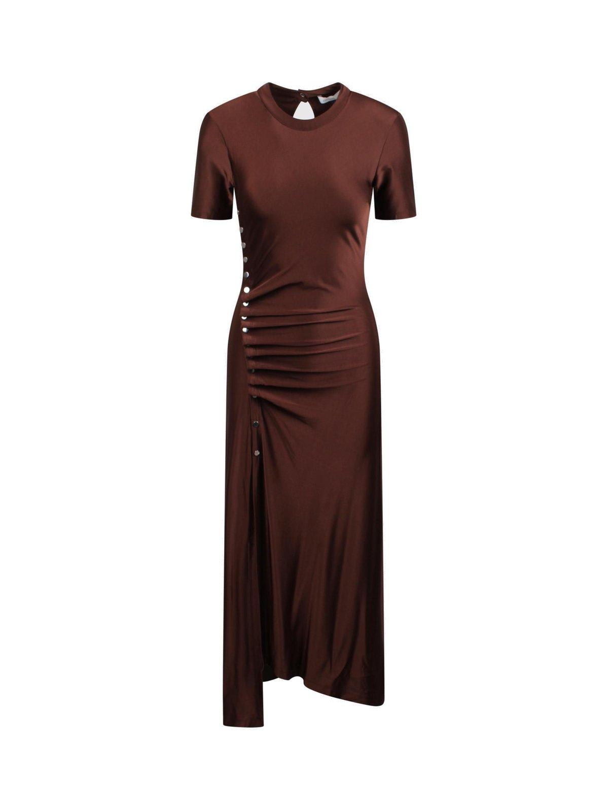 Shop Paco Rabanne Ruched Detailed Midi Dress In Brown