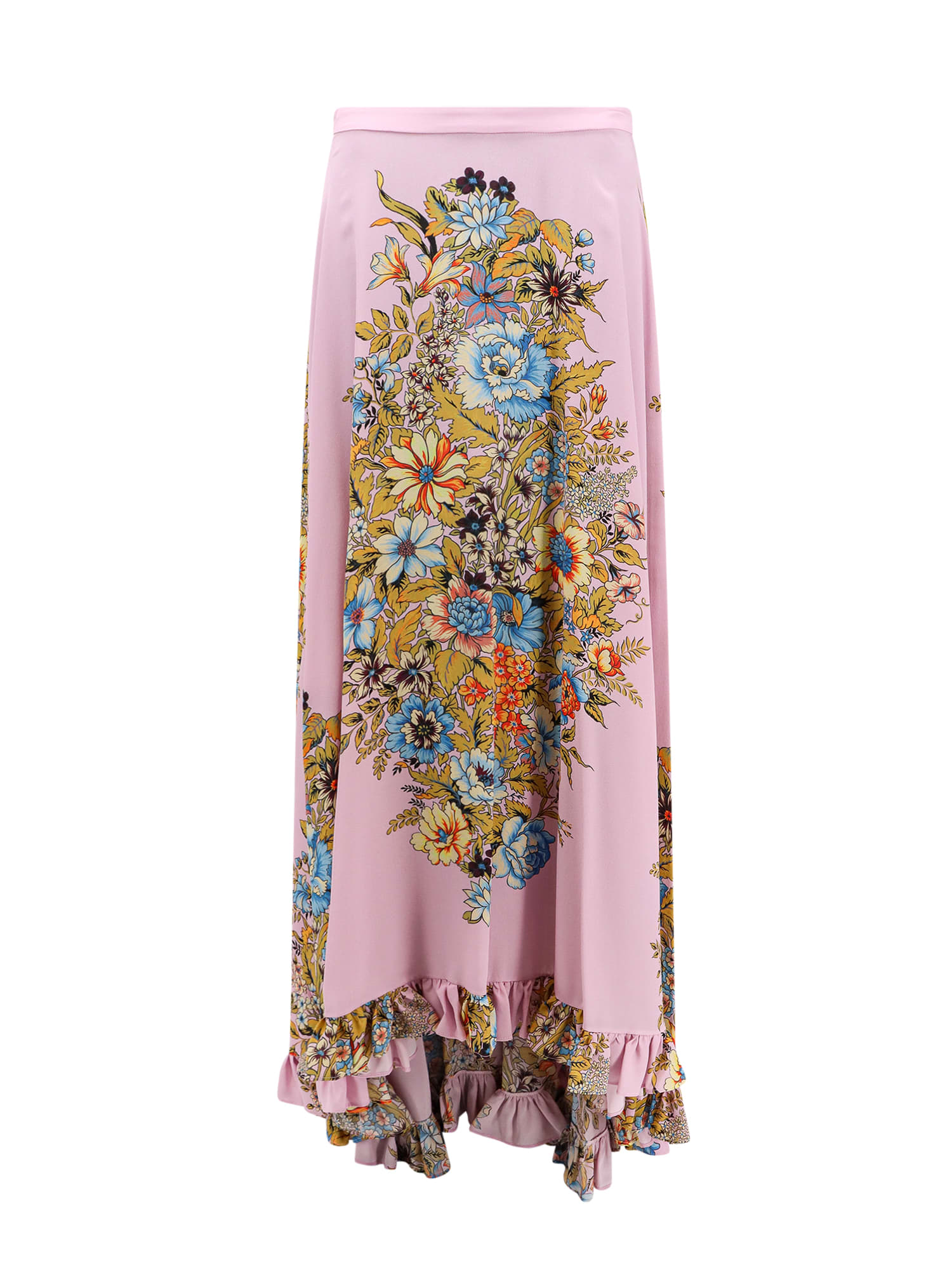 Pink Crepe De Chine Long Skirt With Print