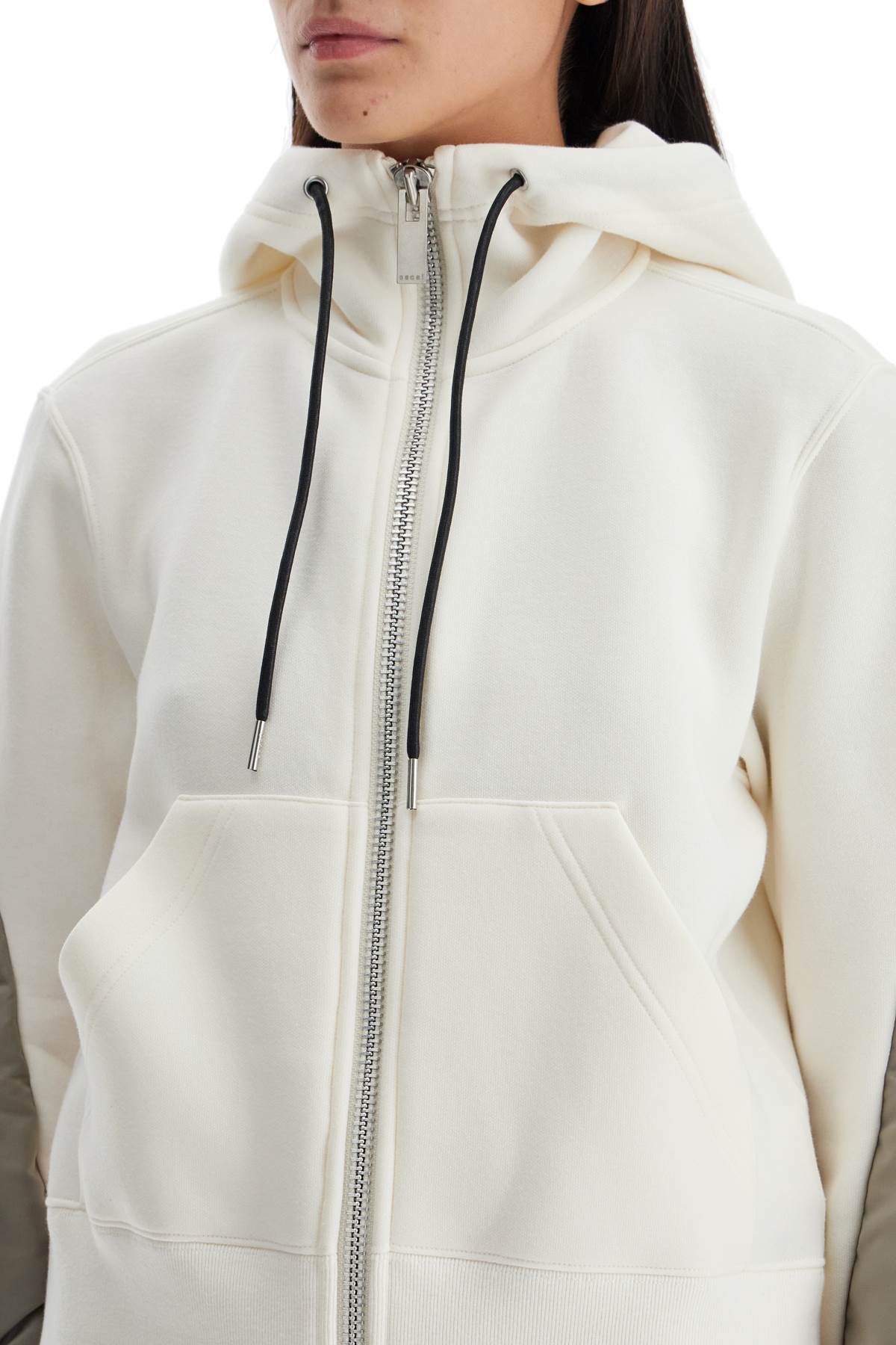 Shop Sacai Hooded Sweatshirt With Zipper In Ivory×l/khaki (white)