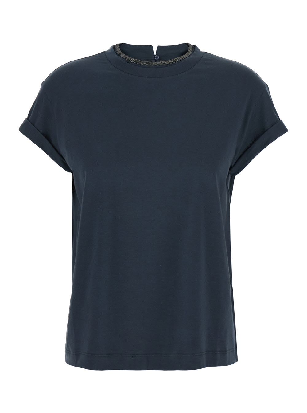 Brunello Cucinelli Blue Crewneck T-shirt With Monil Detail On The Collar And Rear Cut-out In Cotton Stretch Woman In Blue