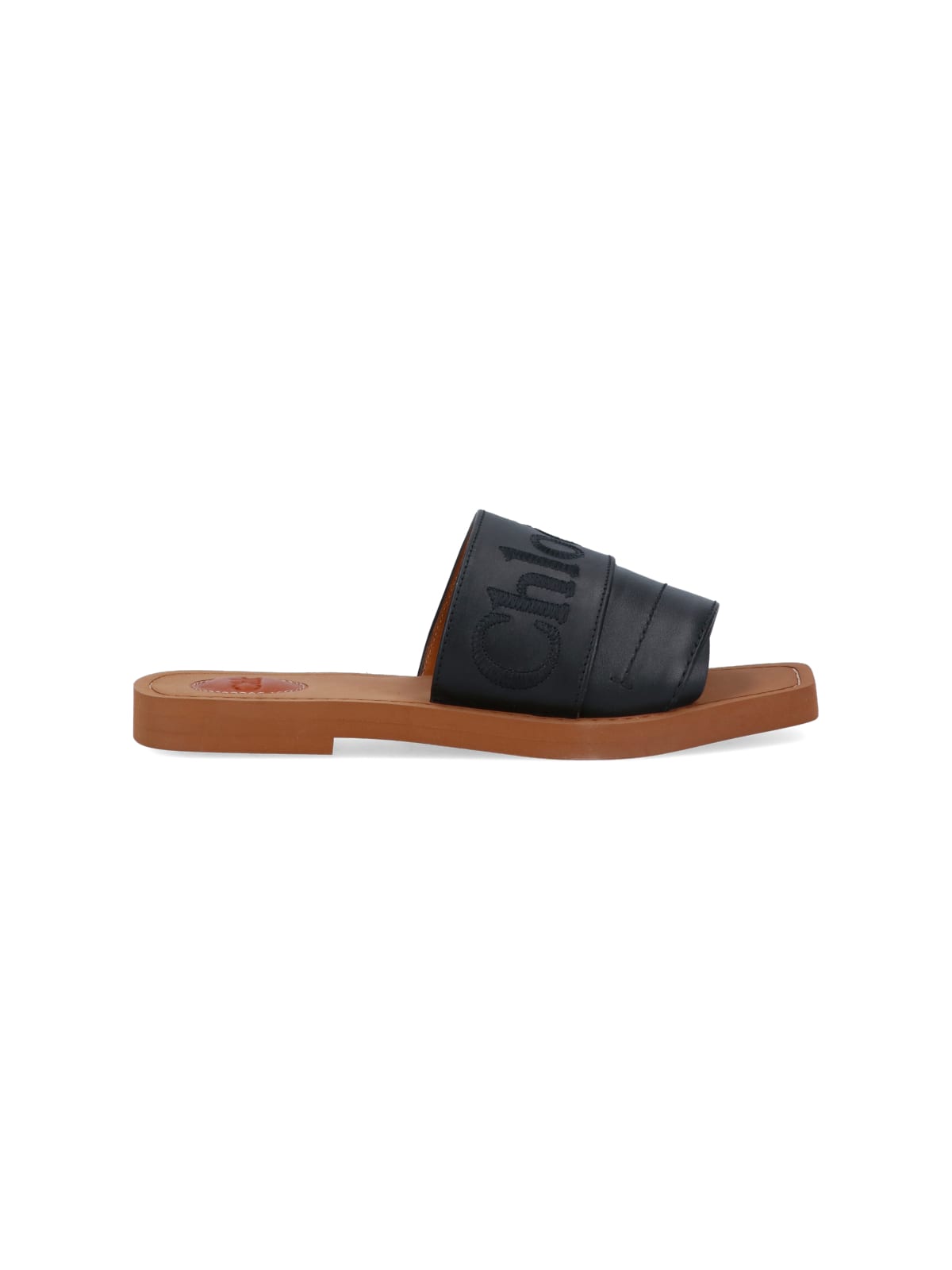Chloé Leather Flat Mules With Square Toe And Embroidered Logo In Black