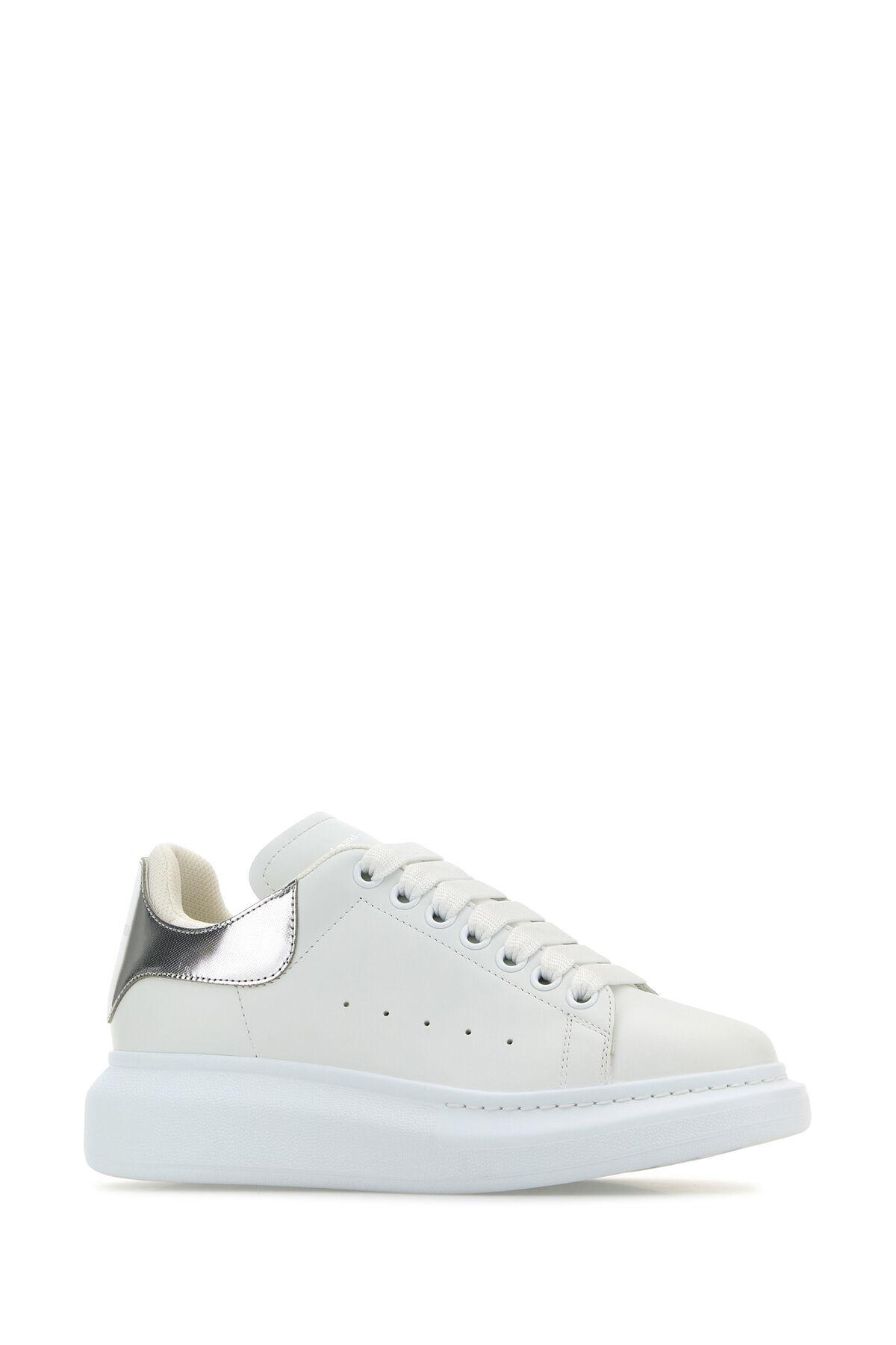 Shop Alexander Mcqueen White Leather Sneakers With Silver Leather Heel In Bianco