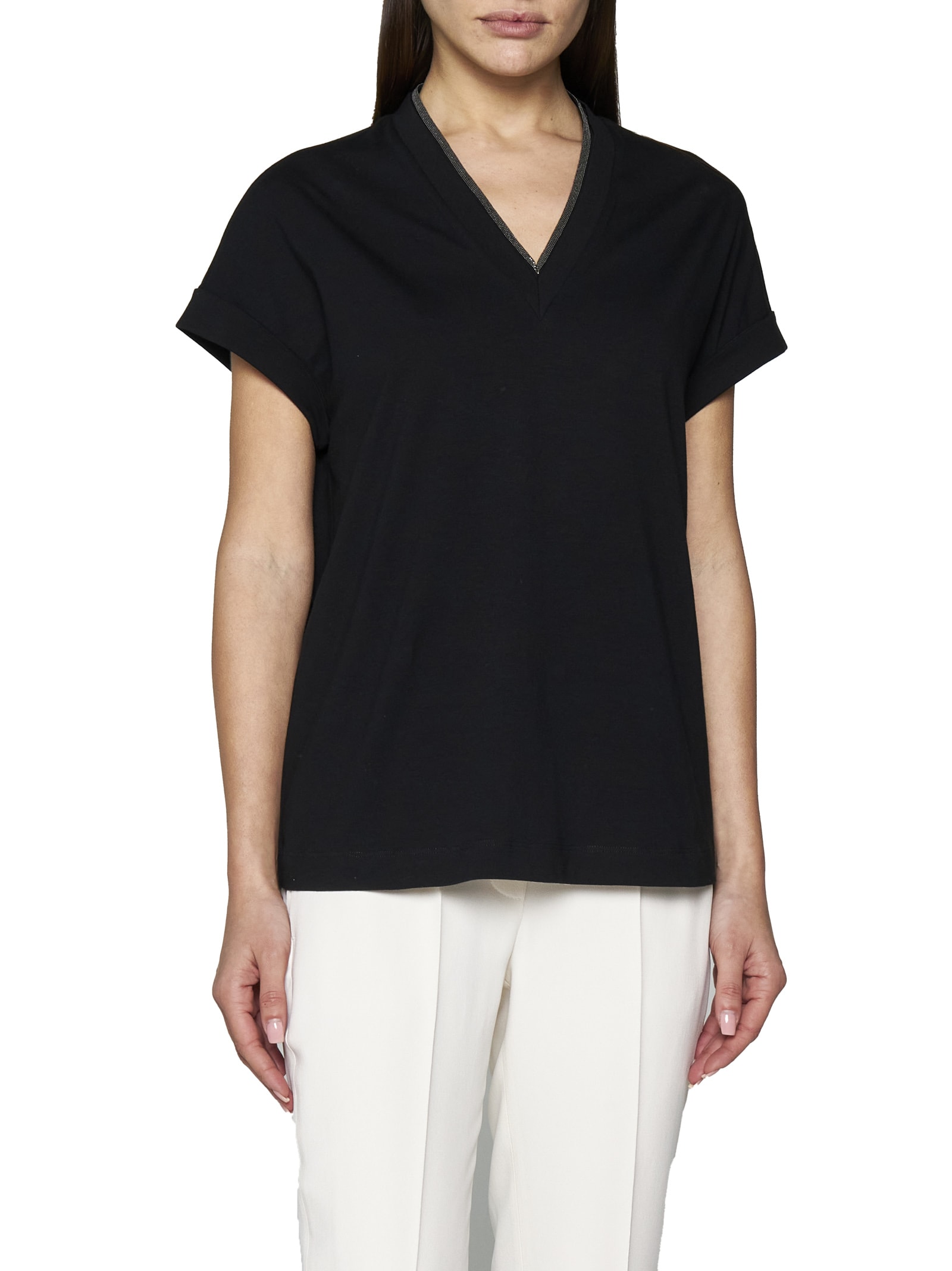 Brunello Cucinelli Black V-neck T-shirt With Monile Detail In Stretch Cotton Woman In Nero