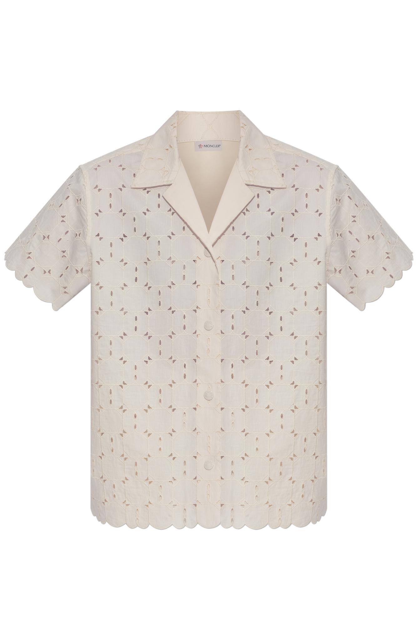 Moncler Short-sleeve Cotton Blend Shirt With Embroidered Design In White