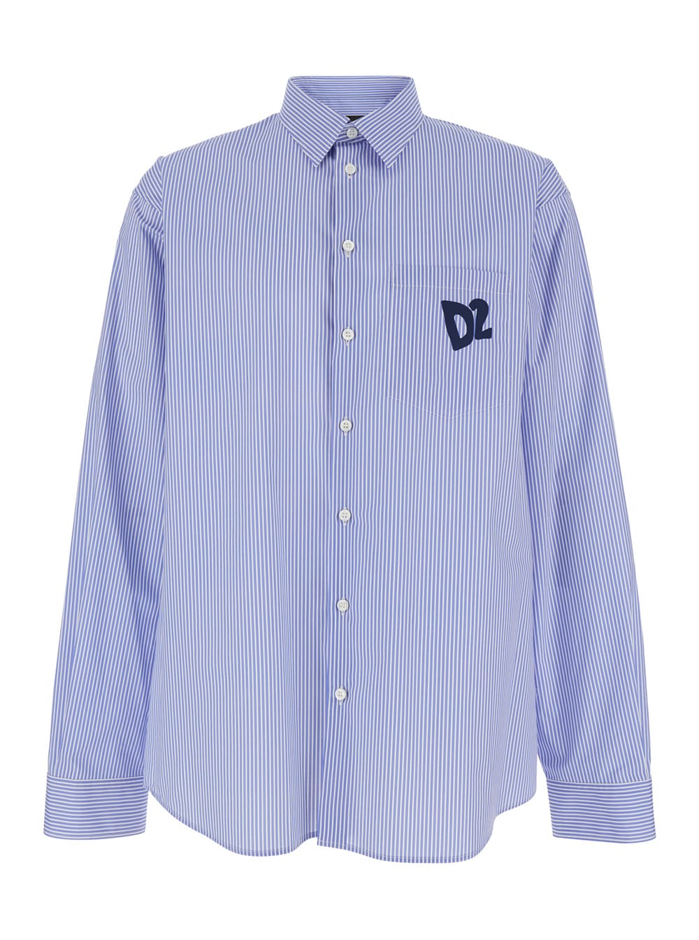 DSQUARED2 BLUE SHIRT WITH ALL-OVER STRIPED MOTIF AND APPLIED D2 LOGO ON THE CHEST IN COTTON MAN