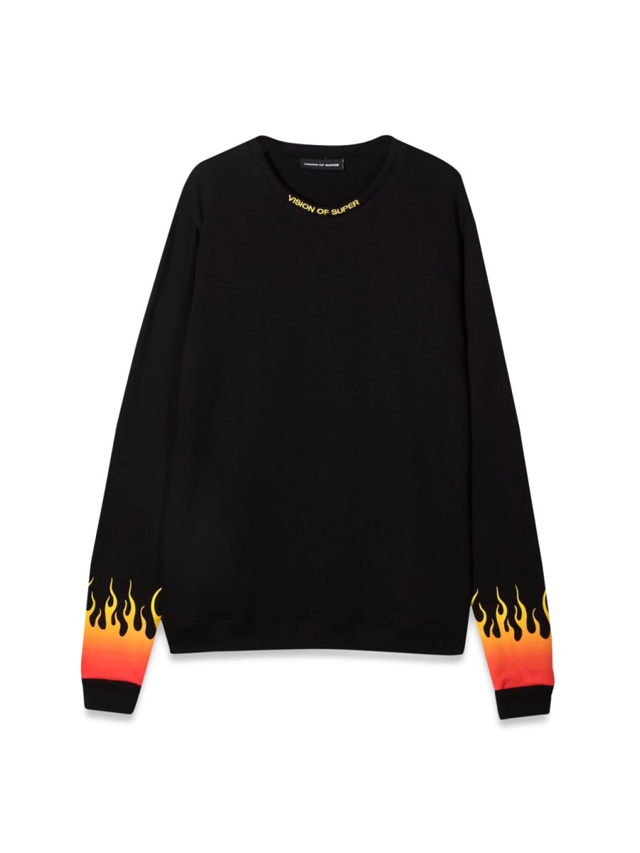 Vision Of Super Black Crewneck With Red Shaded Flames In Black