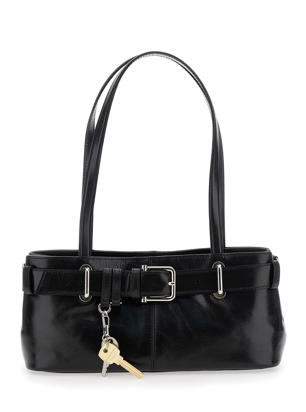 brocle Black Shoulder Bag With Belt And Pendant Key Details In Leather Woman