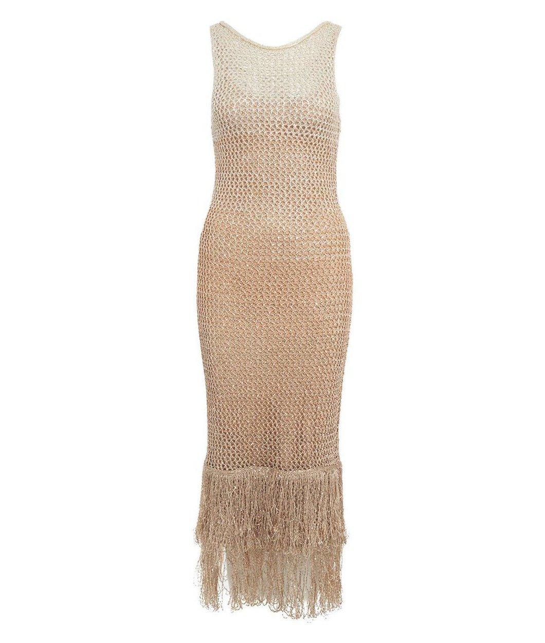 Shop Staud Sequin Embellished Sleeveless Fringed Maxi Dress In Beige Multi