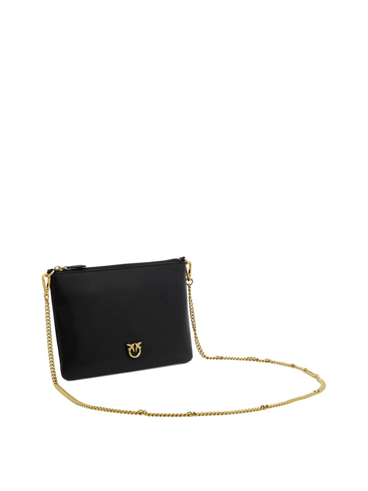 Pinko Flat Love Bag Black Shoulder Bag With Logo Patch In Smooth Leather Woman In Black