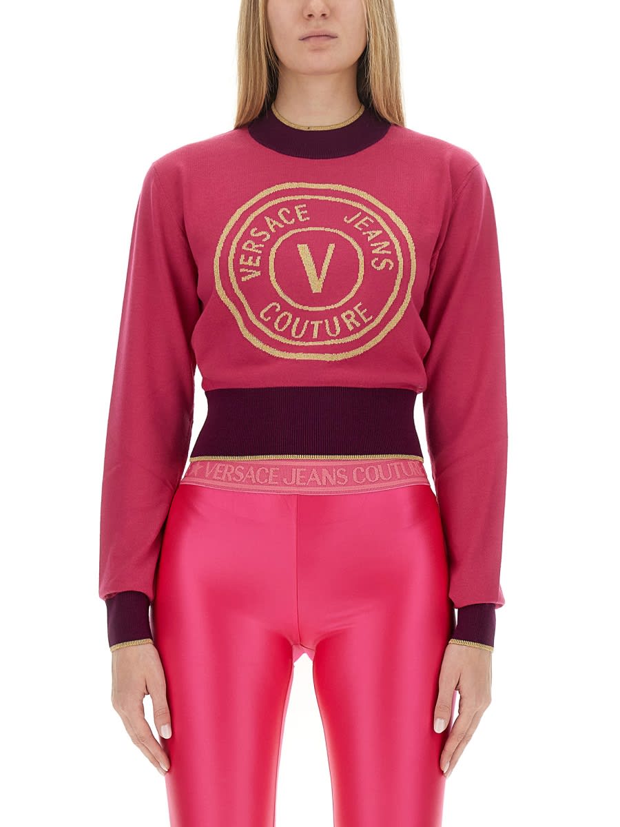 Shop Versace Jeans Couture Cropped V-emblem Sweatshirt In Fuchsia