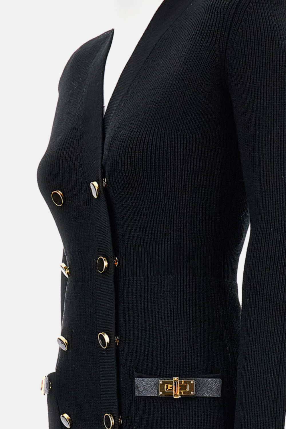 Elisabetta Franchi Textured Knit Black Midi Dress With Double-breasted Design In Black