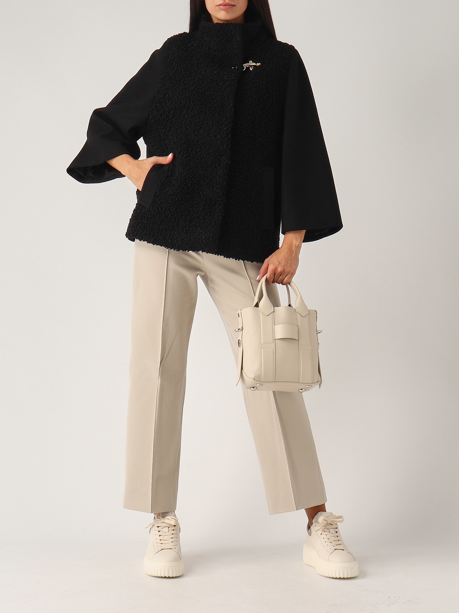 Shop Fay Mix Materials Capewith Hook In Nero