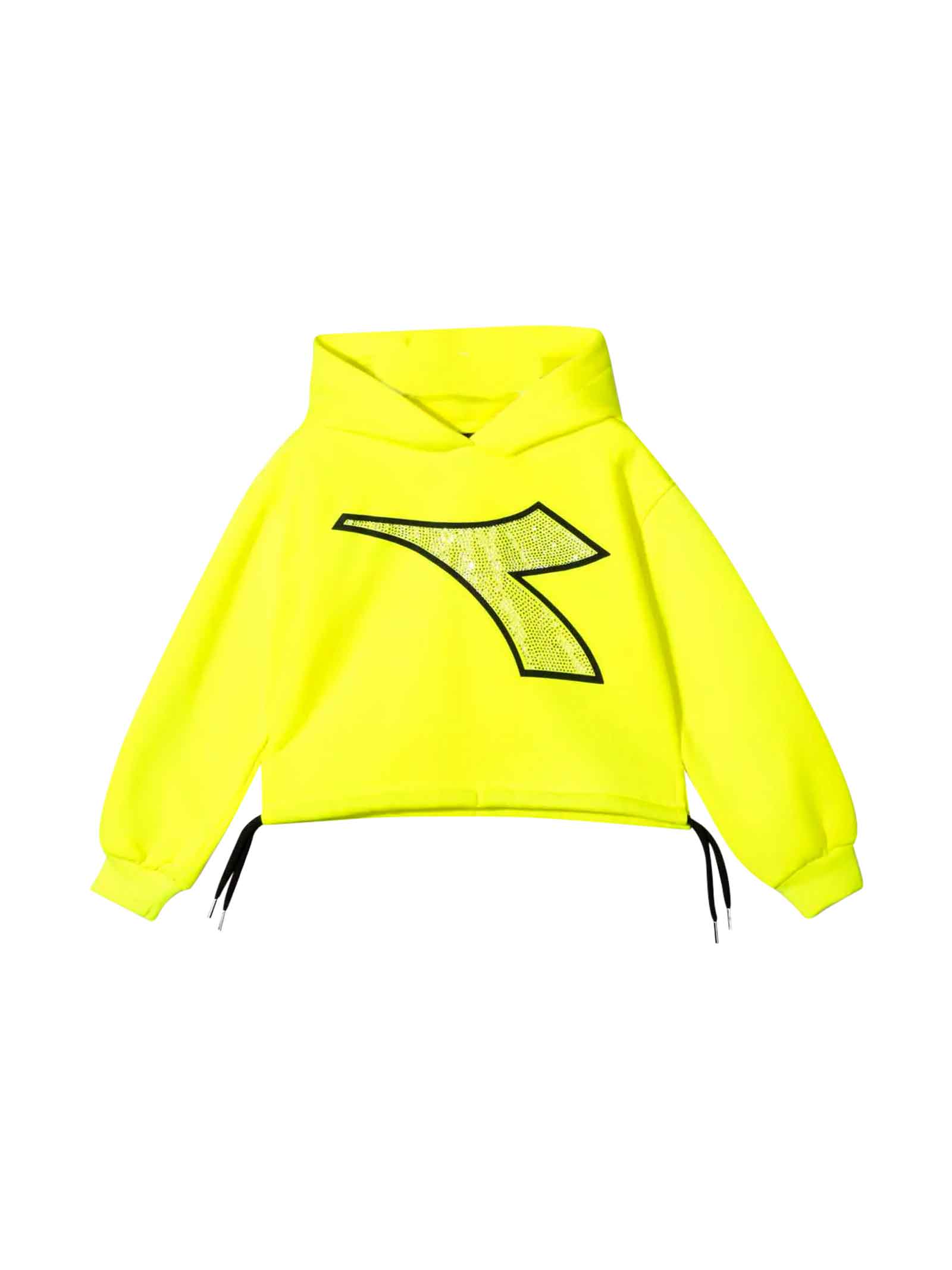 Diadora Girl Fluo Yellow Sweatshirt With Glitter Logo Print On The Front. Crop Design, Front Logo Print, Drawstring Hem, Hood And Long Sleeves. Polyes