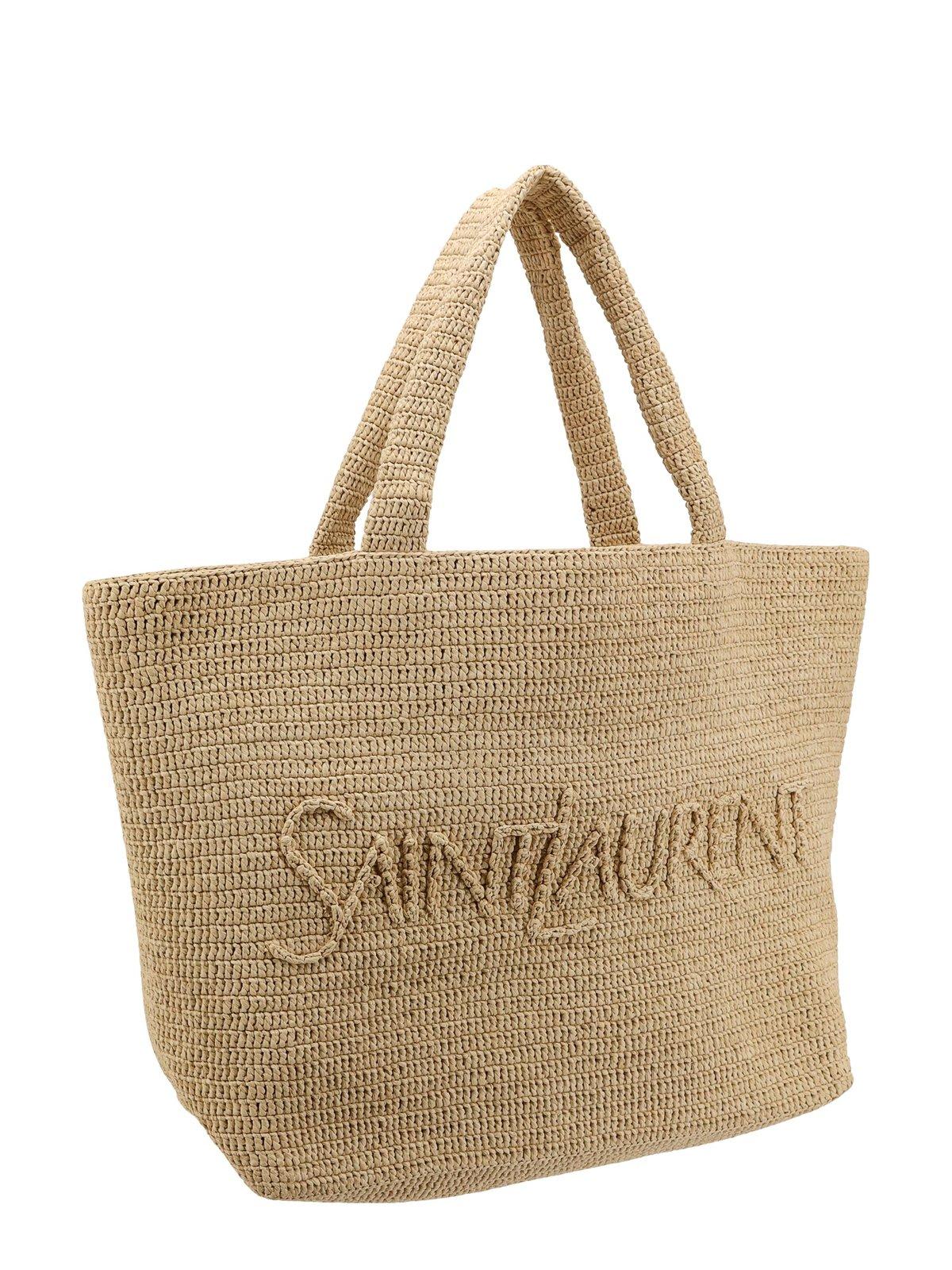 Shop Saint Laurent Large Logo Embroidered Raffia Tote Bag In Naturale