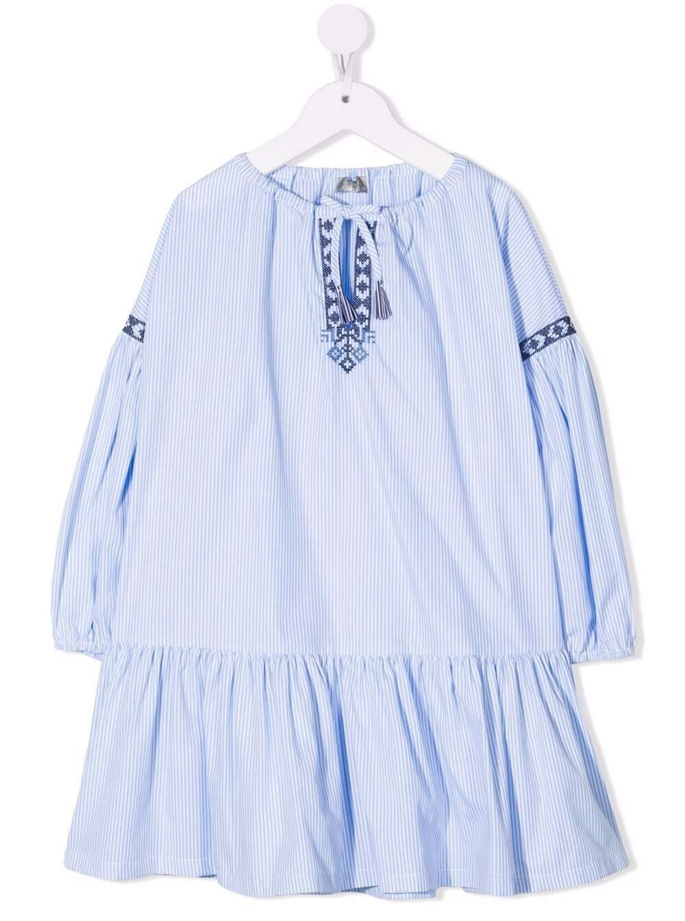 Il Gufo Striped Blue Cotton Dress With Ikat Inserts