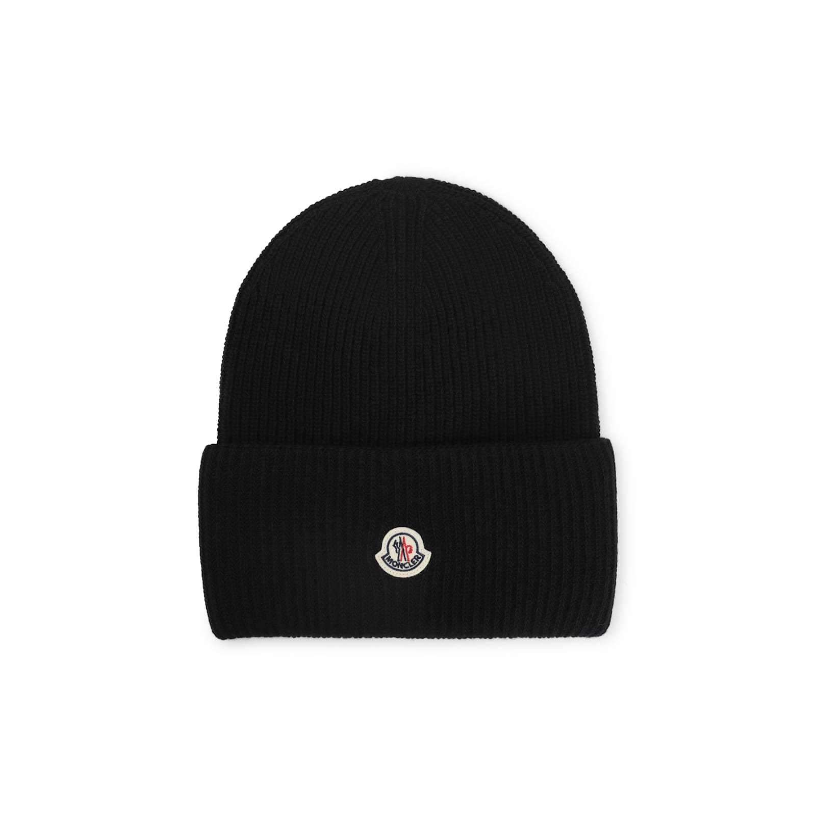 Moncler Ribbed Knit Carded Wool Beanie With Felt Logo Patch In Black