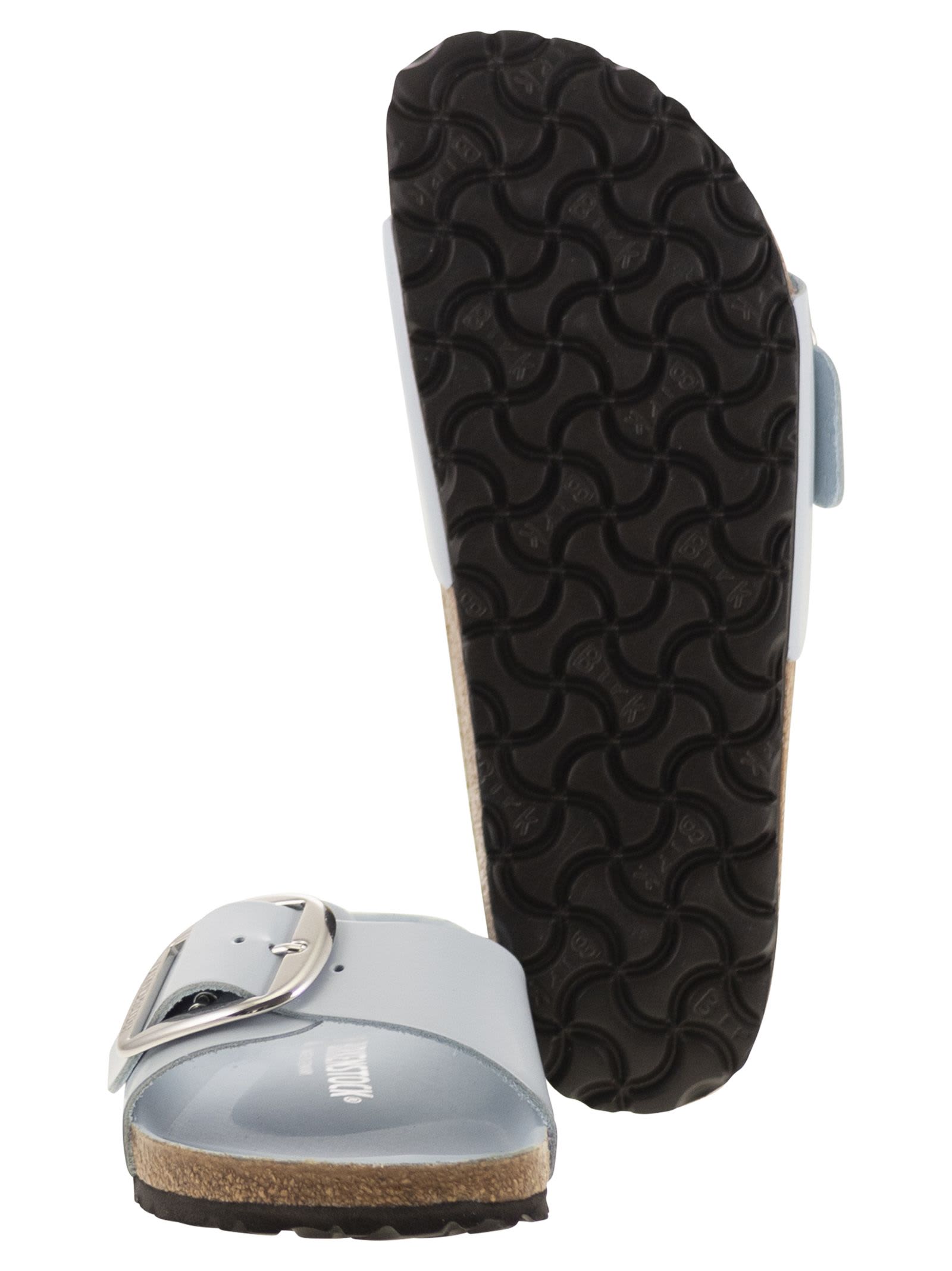 Birkenstock Buckle Patent Leather Flat Sandals In Blue